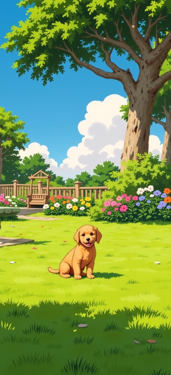 ghibli_illustration, The painting captures a golden doodle poised gracefully on a sprawling lawn, its curly fur gleaming in the warm embrace of natural sunlight. The backdrop is a richly detailed garden scene, imbued with a whimsical and joyful aesthetic, typical of hand-drawn animation. The environment is alive with meticulous rendering of everyday objects—a quaint birdbath, a gently swaying wooden swing, and blooming flowers, each petal painted with careful precision to evoke a sense of nostalgia and dreamlike quality.
The golden doodle is depicted with expressive character designs, its playful eyes and gently perked ears inviting you into its world. The lawn is a sea of verdant greens, softly textured to reflect the organic, hand-drawn feel, with pencil sketches subtly evident in the shadows and highlights. Each blade of grass is detailed, yet remains dreamy and slightly muted to avoid harsh contrasts, maintaining the serene, inviting mood.
The composition centers the golden doodle to ensure prominence, making the painting crisp and clean—perfect for a captivating digital wallpaper. The overall warm, natural lighting envelops the scene, contributing to the cozy and inviting ambiance. This work of art conjures a sense of a cherished moment frozen in time, where simplicity meets the intricate beauty of life, ensuring the golden doodle remains the heart of this enchanting narrative.