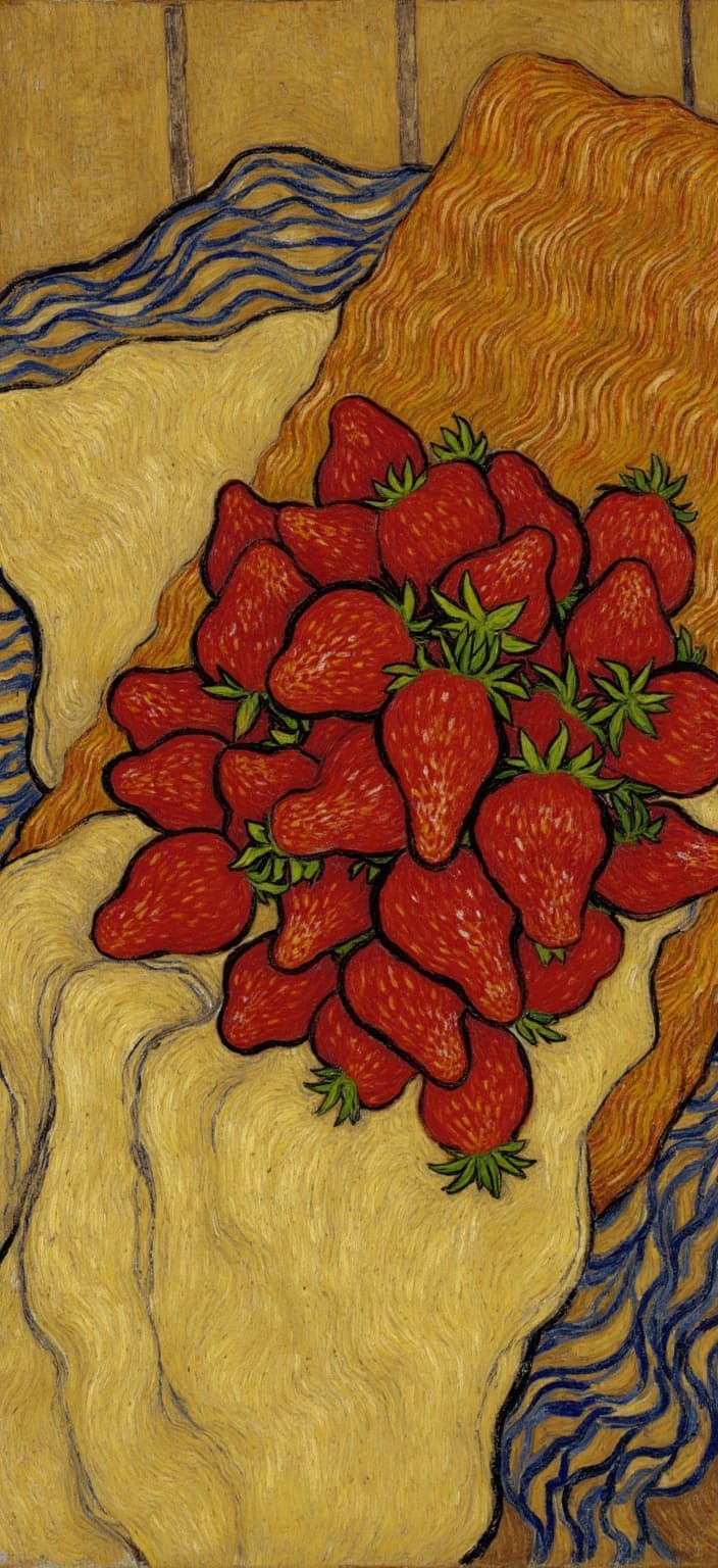 van_gogh, Enriched prompt: Imagine a captivating painting that captures the essence of a rustic, cottagecore vibe. At the heart of this composition is a bunch of ripe, luscious strawberries, their deep reds glistening under the warm, soft light that fills the scene. They rest elegantly in a handwoven basket, each strand of wicker meticulously detailed to reflect the artisanal craftsmanship. The basket sits atop a piece of soft linen, its delicate texture adding a layer of comfort and warmth to the image.

The painting is executed with an intense color palette, drawing inspiration from styles known for their vivid, rich colors applied in thick, impasto layers. The artist employs dynamic brushwork, creating bold, expressive compositions with an array of swirling, energetic brushstrokes that form curly, flame-like patterns. These patterns infuse the painting with a rhythmic, almost pulsating quality, giving life and movement to the scene.

The strawberries' rich reds are contrasted with complementary hues, such as deep blues in the shadows or subtle hints of orange in the highlights, to heighten the visual impact and intensity. The warm light cascades over the scene, catching nuances in the weave of the basket and the folds of the linen, while also casting gentle shadows that add depth and dimensionality.

This artwork, perfect for digital wallpaper, is centered for a crisp, clean look, ensuring that its vibrant colors and emotional depth captivate any viewer. The combination of bold contrasts and vigorous, linear patterns results in an image infused with raw emotion and a sense of urgency, making it both deeply personal and universally compelling.