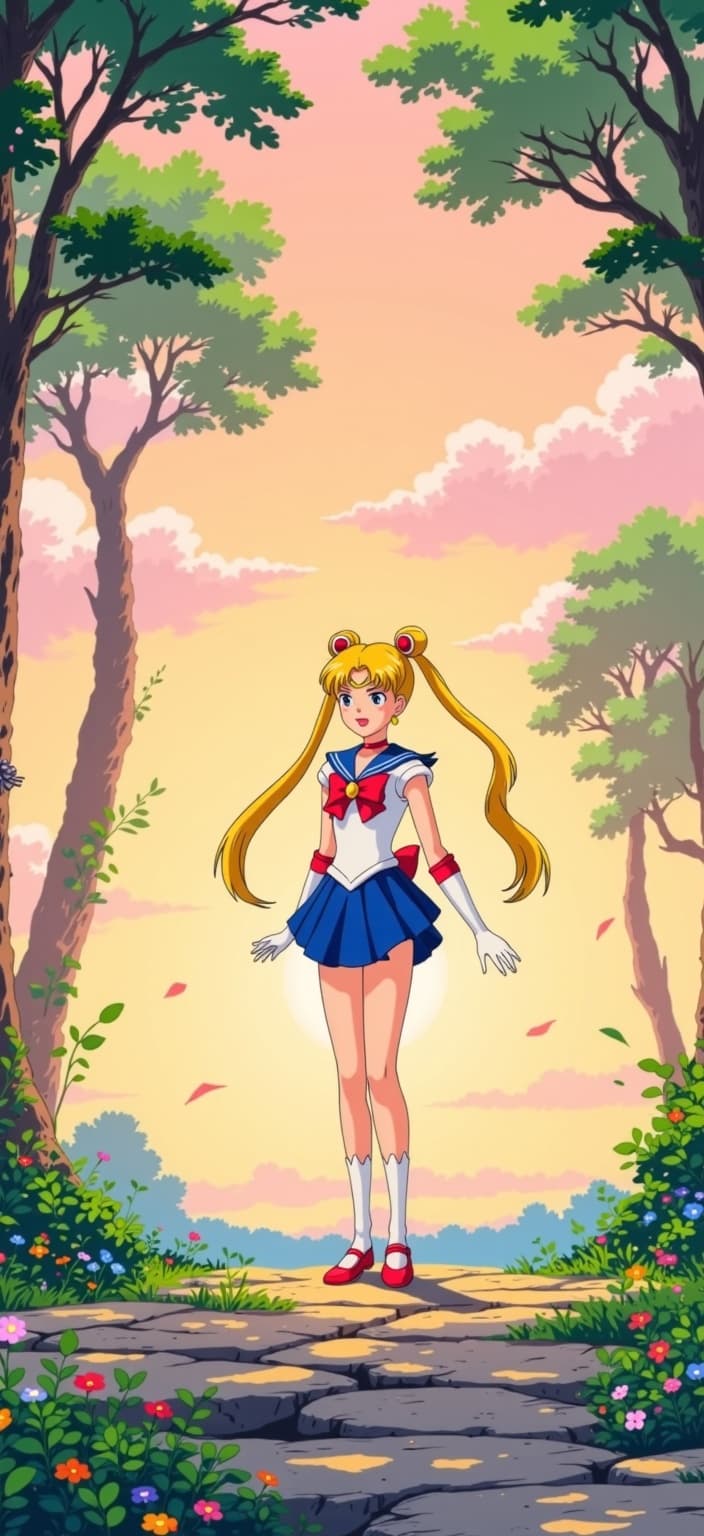 ghibli_illustration, Create a digital wallpaper for a laptop featuring Sailor Moon in a captivating landscape style. The composition should embody the enchanting allure of hand-drawn animation, complete with richly detailed backgrounds and expressive character designs. Sailor Moon should stand confidently at the center, her iconic attire capturing the essence of her magical persona. The scene is bathed in warm, natural lighting that envelops the setting in a cozy, inviting mood.
The background should exhibit an ethereal landscape, where whimsical trees and softly rolling hills hug the horizon. Vivid, yet slightly muted colors dance across the canvas, combining with soft, painterly textures to evoke a dreamy, nostalgic atmosphere. Everyday objects, like a delicate crescent-shaped moon pendant or a blossoming flower, should be meticulously rendered, ensuring they feel tangible and lived-in.
Subtle pencil sketches and gentle imperfections add an organic movement to the scene, while maintaining the whimsical and joyful aesthetic of the hand-drawn style. The sense of nostalgia is palpable, as the vivid imagery transports the viewer to a magical world where Sailor Moon's presence feels both empowering and serene.
The wallpaper's elements are centered perfectly to offer a crisp, clean look, making it an ideal choice for anyone looking to infuse their digital space with a touch of enchanting artistry.