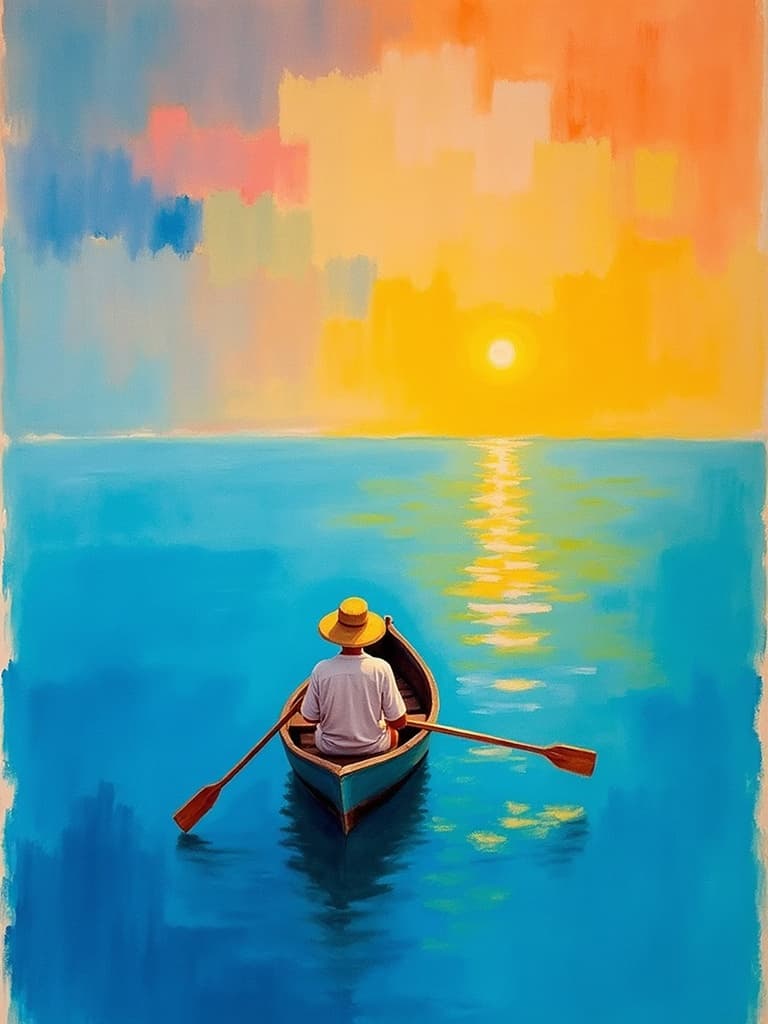 rothko, The painting captures a serene and evocative scene, with a small rowboat gently drifting through the softly undulating waves of a vast ocean. The boat is viewed from the back, where a solitary man in a straw hat sits, his posture relaxed and contemplative as he faces the horizon. The sky above is an awe-inspiring tapestry of colors, illuminated by the setting sun, casting a golden glow across the water's surface. This intricate display of hues is achieved through a complex layering of translucent colors, allowing light to filter through and cast an ethereal, inner glow across the entire composition.
The style of the painting is marked by remarkable luminosity, where at close range, the colors seem to melt and fuse together—blurred boundaries blend seamlessly, giving the impression of floating zones of color. Richly varied surfaces exhibit interesting textures, with paint drips and strokes that defy convention, running in unexpected directions to add depth and complexity. From a distance, the soft-edged rectangles and shapes hover weightlessly, creating a dreamlike quality.
This meticulously crafted image is centered perfectly, ensuring a crisp, clean look that is ideal for digital wallpaper. It invites viewers into a reflective and tranquil moment, where the combination of light, color, and form convey a sense of peace and introspection, transforming any space it adorns into a serene haven.