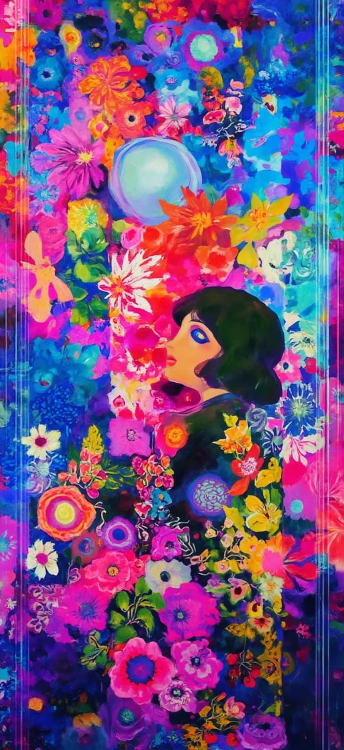 colorful_illustration, In the vibrant and colorful world of dreamcore, imagine a digital wallpaper that seamlessly combines the essence of surrealism and modern digital aesthetics. At its heart stands an anime girl, her short dark hair framing her face, caught in a moment of stillness as she gazes into the distance with a blank, contemplative expression. She occupies a space where digital and organic elements coexist, surrounded by a surreal wall of floating computer code and glitching terminal screens. These elements are infused with a soft yet dynamic palette of purple, pink, and cyan lighting, casting an ethereal glow that evokes both nostalgia and an eerie ambiance.
The backdrop is a mesmerizing blend of digital symbols, static noise, and old OS windows, interspersed with fragmented dreamlike objects that float in a digital void. This background feels like a tapestry of half-remembered dreams or a forgotten virtual realm, inviting viewers to lose themselves within its intricate details. The scene is alive with a slight VHS blur, complemented by a glowing fog and dreamy haze, which together foster a unique blend of analog horror and serene melancholy.
The painting draws inspiration from a lavish, decorative style, incorporating intricate compositions that blend bold organic shapes with delicate details. Scattered ornamental elements like dots, swirls, and abstract motifs are woven throughout, adding depth and movement that capture the eye. Radial floral patterns and harmonious hand-drawn organic shapes evoke images of Scandinavian folk art and mid-century botanical prints.
This dreamcore wallpaper is designed to be a striking centerpiece for your digital collection, capturing the dynamic movement and playful creativity associated with the vibrant illustration style. The entire composition, with its luxurious layering of colors and patterns, is centered to ensure a crisp, clean look, perfectly suited for a digital-wallpaper format, inviting viewers to explore the endless possibilities of this surreal, dreamlike world.