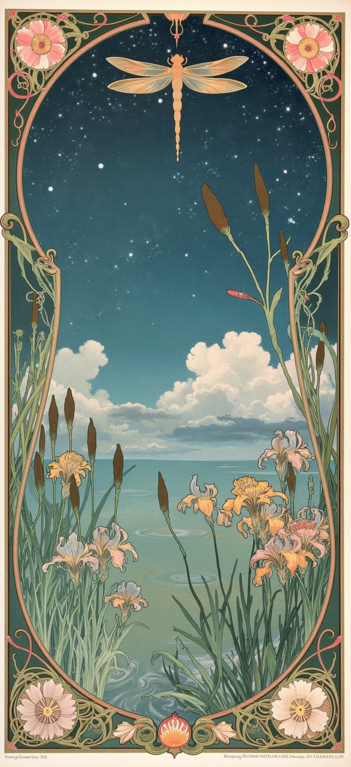 mucha, Enriched prompt:
Create a mesmerizing Art Nouveau-inspired painting capturing the serene edge of a tranquil lake under a starry night sky, evoking the romantic tranquility of an untouched natural landscape. The scene is devoid of human figures and architectural structures, focusing solely on nature's intricate beauty. At the lake’s edge, delicate iris flowers gracefully unfurl alongside robust bullrushes and elegant reeds, swaying gently in an ethereal breeze. A magnificent dragonfly hovers vividly against the night sky, its wings shimmering with iridescent hues, lending an air of mystical wonder to the scene.
The painting is imbued with flowing, organic lines and adorned with intricate decorative patterns, reminiscent of Alphonse Mucha's masterpieces. Sinuous vines weave through the composition, woven together with a tapestry of blooming flowers that add layers of depth and texture. The harmonious color palette of soft pastels and gentle hues evokes a sense of romance, with subtle shades of lavender, blush, and emerald intertwining seamlessly.
The background is a stylized tapestry where celestial elements twinkle softly, blending fine art with design. A dreamlike aesthetic permeates the composition, creating an atmosphere of serene enchantment. The entire scene is framed within an elaborate ornamental border of vines, featuring signature Art Nouveau whiplash curves and intricately detailed embellishments. Unique and asymmetrical, the border boasts organic patterns interspersed with flowers, offering no symmetry but a harmonious balance that evokes the elegance of a grand Gothic window. This digital wallpaper is a gateway into a poetic realm where nature’s grandeur is captured in flowing artistry, suitable to grace the background of a smartphone with its refined ornamental quality.