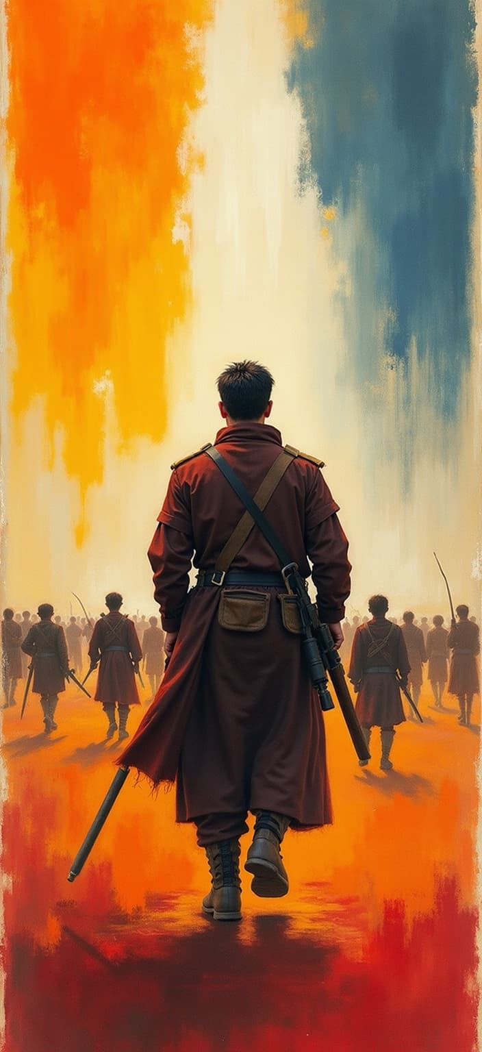 rothko, In the enriched painting, a Kurdish soldier stands as the central figure, depicted in an intense moment of battle, capturing both the valor and the gravity of the scene. The soldier, clad in traditional Kurdish attire, is shown in action, embodying strength and determination, his expression focused and resolute. The enemy, painted with a softened focus, conveys the tension and movement of the encounter, highlighting the soldier's heroic prowess.
The painting draws inspiration from a complex layering of translucent colors, creating an appearance of inner light and remarkable luminosity. The hues seem to melt and fuse together, with blurred boundaries between the shapes, creating a dreamlike and ethereal quality to the scene. From a distance, soft-edged rectangles of color hover weightlessly on the canvas, evoking floating zones of color that surround the soldier and the battlefield.
Richly varied surfaces add depth and texture to the artwork, with paint drips or strokes running in unconventional directions, symbolizing the chaos and unpredictability of war. These elements come together to create a sense of dynamic movement, capturing the emotional intensity of the moment.
The overall composition is centered to ensure a crisp, clean look that is suitable for printing as digital wallpaper. This ensures that the image resonates with a sense of clarity and balance, making it a captivating piece that draws viewers into its luminous, layered world.