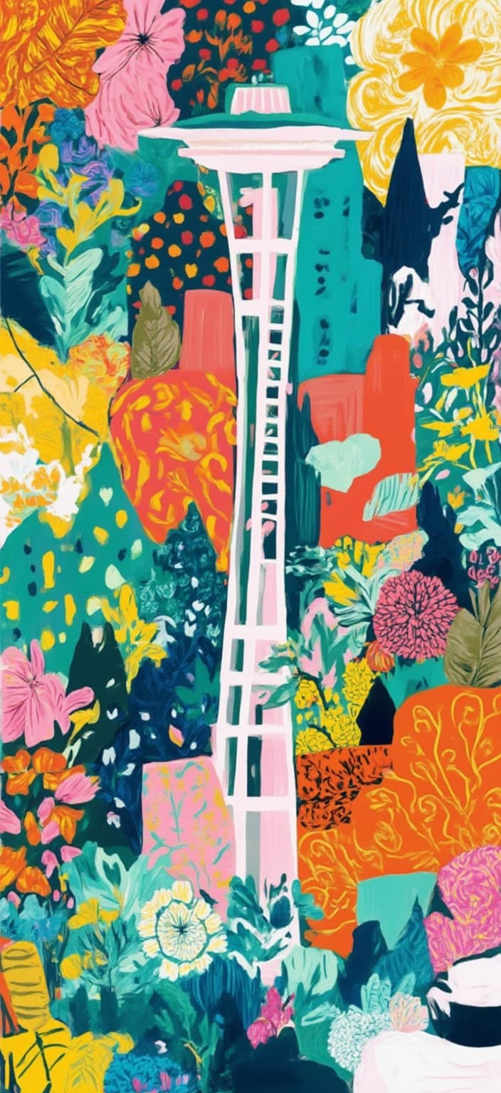 colorful_illustration, Enriched prompt: Imagine a vibrant and colorful illustration capturing the essence of Seattle, depicted with a playful, dynamic, and hand-drawn feel. The scene is infused with a sense of life and movement, drawing inspiration from a lavish decorative style. In the foreground, the iconic Space Needle rises prominently, surrounded by the city's modern skyscrapers and historic architecture.
The background is a lively tapestry of organic shapes and scattered decorative elements, reminiscent of a luscious garden in full bloom. Various leaves and floral elements are harmoniously arranged across the canvas, adding a natural, free-flowing quality to the design.
The composition blends bold organic shapes with delicate details, featuring ornamental elements like dots, swirls, and abstract motifs that evoke a sense of whimsy. The luxurious layering of vibrant colors and intricate patterns creates a sense of depth and movement, reminiscent of Scandinavian folk art and mid-century botanical prints.
This picturesque representation of Seattle is centered to ensure a crisp, clean look, making it suitable for printing onto a digital wallpaper, where it can bring a touch of artistic charm and dynamic energy to any digital screen.