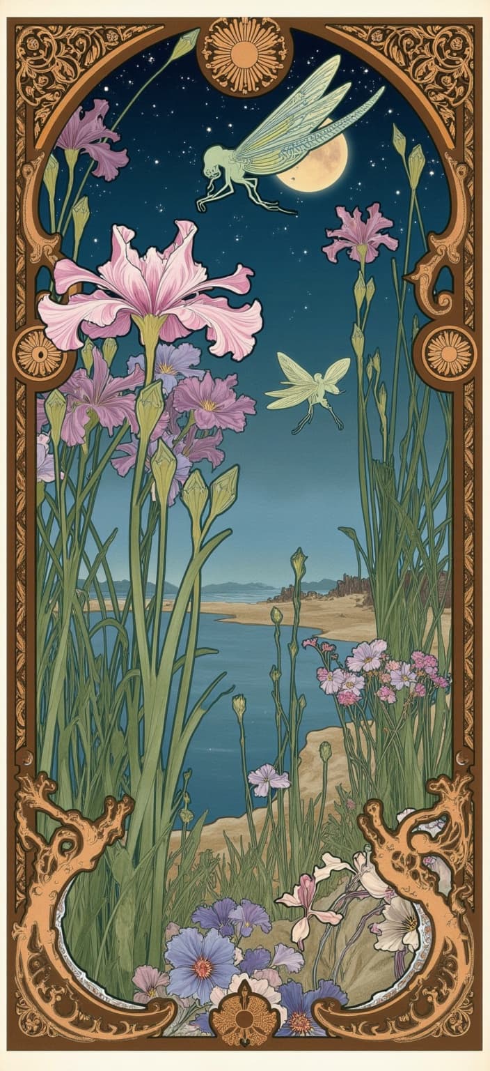 mucha, Imagine a dreamlike painting that encapsulates the serene beauty of a lakeside under the vast expanse of a starry night sky. This enchanting scene draws inspiration from the flowing, organic lines and intricate decorative patterns of Art Nouveau, with a particular nod to the works of Alphonse Mucha. At the forefront, the edge of the lake is depicted with a gentle caress of nature; tall bullrushes and slender reeds sway softly, while elegant iris flowers stand in poised serenity. Sinuous vines weave through the composition, hosting a myriad of blooming flowers that evoke a sense of romance and tranquility with their delicate pastel hues.

The background is a highly stylized tapestry, merging fine art with design to create an ethereal, dreamlike aesthetic. The sky is a mesmerizing canvas of deep blues and purples, where stars glitter with a celestial allure. A large, vibrant purple iris flower breaks the frame on the left-hand side, serving as a focal point that draws the eye. Opposite, a very large blue-green dragonfly, with its iridescent wings catching the moonlight, faces this iris in a silent conversation of nature. Below, another dragonfly, equally grand, hovers near the right-hand border, adding symmetry in juxtaposition and balance to the composition.

The entire scene is enclosed within an elaborate ornamental border, its sweeping curves and intricate embellishments reminiscent of a grand Gothic window. This border, asymmetrical in its design, is adorned with organic patterns, flowers, and subtle celestial symbols, serving as a gateway to this dreamscape. The flowing whiplash curves and ornamental details weave seamlessly, ensuring this digital wallpaper is rich in texture and visual depth, ready to transform any smartphone into a portal to this tranquil, romantic realm.