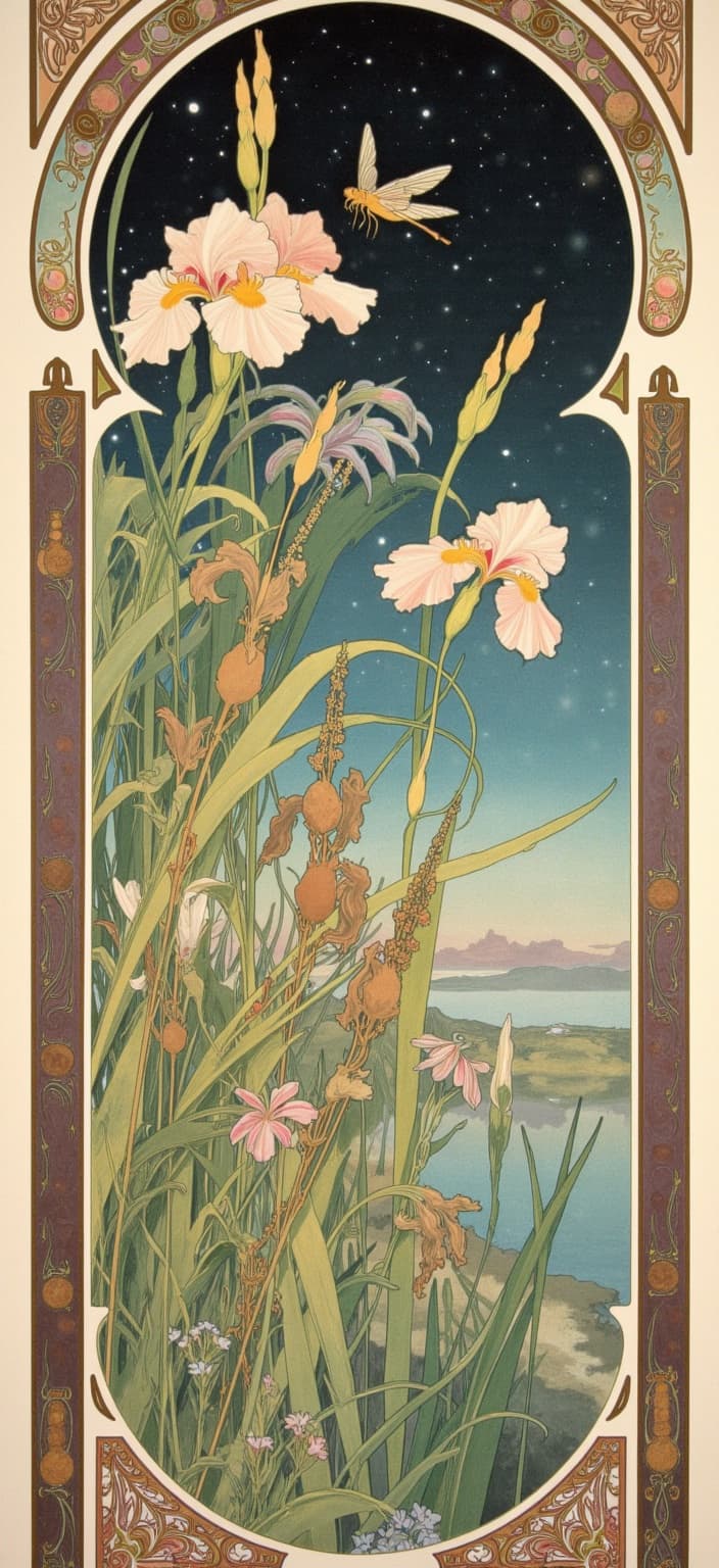 mucha, The painting captures a mesmerizing and dreamlike scene at the edge of a tranquil lake, set beneath a vast, starry night sky. This composition draws deeply from the Art Nouveau style, particularly the enchanting works of Alphonse Mucha, characterized by flowing, organic lines and intricate decorative patterns. The foreground is populated with vividly detailed iris flowers, bullrushes, and lush reeds, their forms weaving through the composition with sinuous elegance. Delicate vines entwine with blooming flowers, visibly showcasing the exuberant floral motifs typical of Mucha's artistry.
A harmonious color palette envelops the scene, featuring soft, delicate hues that evoke romance and tranquility—pinks, soft blues, and gentle greens enhance the ethereal quality of the moment. The background is highly stylized, merging fine art with design elements to create an aesthetic that is simultaneously dreamlike and romantic. This otherworldly atmosphere draws viewers into a realm where the boundaries between art and dream dissolve.
Framing this enchanting vista is an elaborate ornamental border—reminiscent of Gothic window designs—featuring art nouveau whiplash curves and organic patterns that echo the scene's natural motifs. Intentionally asymmetrical, the border adds an intriguing depth to the image, adorned with celestial symbols that further infuse the composition with a sense of wonder. A large iris flower delicately bursts forth from the scene, breaching the border on the left-hand side, announcing its presence with bold beauty.
Complimenting this vivid floral display, a grand dragonfly faces the flower, its shimmering wings and intricate body adding a dynamic vitality to the backdrop. Below, another large dragonfly graces the composition, its presence enhancing the overall symmetry and balance while reinforcing the painting's connection to nature and its subtle movements.
Overall, this painting is designed as a digital wallpaper for a smartphone, ensuring a crisp, clean, and central focus that enriches any digital display, transforming it into a portal to a harmonious and romantic natural wonderland.