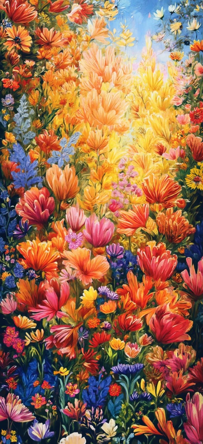 colorful_illustration, In the vibrant and colorful illustration, a sunlit tulip garden unfolds before your eyes, bathed in the mesmerizing glow of the golden hour. The scene captures the serene atmosphere as dew drops glisten on the tulip petals, casting tiny rainbows in the warm light. The tulips, painted in an array of vivid colors from fiery reds to gentle pinks and sunny yellows, sway gently in the breeze, embodying a playful and dynamic energy.
The background is a tapestry of organic shapes, where scattered decorative elements merge harmoniously with an array of leaves and floral motifs. These elements are arranged to create a natural, free-flowing composition that reflects the lavish decorative style. Bold organic shapes intertwine with delicate details, featuring ornamental elements like dots, swirls, and abstract motifs that dance across the canvas.
The luxurious layering of colors and patterns fosters a depth that invites you to explore the scene further. The organic shapes and radial floral patterns evoke a hand-drawn feel reminiscent of Scandinavian folk art and mid-century botanical prints. This intricate blend of styles adds a timeless charm to the composition.
Centered perfectly, this digital wallpaper design ensures a crisp and clean look, making it an ideal choice for enhancing any digital space. The design captures the essence of nature's elegance and the joyful exuberance of a sunlit garden, promising to transform your digital canvas into a work of art.