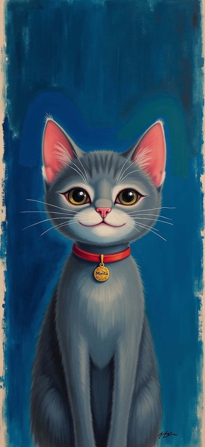rothko, Title: "Luminescent Joy"
Enriched Prompt: Imagine a tender, all-gray kitten with endearing almond-shaped eyes that gleam with warmth and curiosity. Around the kitten's neck, there is a delicate collar featuring a small, intricately engraved tag with the name "Motita." The background of this painting is a deep, textured dark blue, reminiscent of ridged waves that give the canvas a dynamic feel. The kitten radiates happiness, capturing a moment of pure joy and contentment.
This artwork is created in a style inspired by the complex layering technique, where translucent colors overlap, allowing light to pass through and create an ethereal glow. The painting achieves a sense of "inner light" and extraordinary luminosity, with colors melting and merging into one another seamlessly. Viewed up close, the boundaries between shapes blur, while from a distance, the soft-edged forms float effortlessly across the canvas as though suspended in a serene dance.
The surface is richly diverse, with paint drips and strokes that defy conventional direction, adding texture and depth, and drawing the viewer into the painting's layered intricacies. The composition is centered to provide a clear, refined aesthetic that is ideal for a digital wallpaper, ensuring every detail enhances the visual experience on screen.