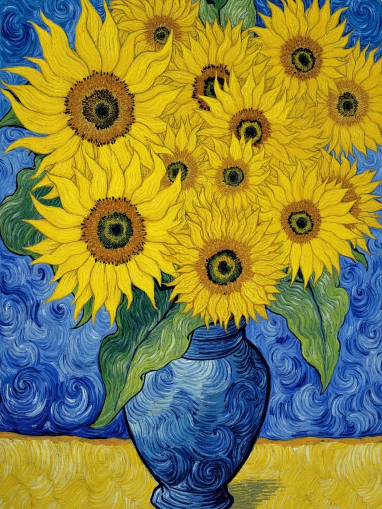 van_gogh, In the center of this captivating digital wallpaper, a vibrant bouquet of sunflowers is nestled within a striking blue vase. Painted with an emphasis on intense color and dynamic brushwork, the scene draws inspiration from a style known for its bold, expressive compositions. The sunflowers, with their golden petals and dark, textured centers, seem to leap off the canvas, each blossom rendered with thick, impasto layers that create a palpable sense of movement and emotional depth.
The blue vase, contrasting vividly against the sunflowers, enhances the visual impact with its profound, rich hue—a nod to the frequent use of bold complementary color contrasts such as blue and orange, or yellow and purple. Surrounding the vase, the background is alive with loose, energetic brushstrokes, forming swirling, flame-like patterns that contribute to a rhythmic, almost pulsating quality, breathing life into the still image.
This powerful composition, infused with raw emotion and a sense of urgency, makes the artwork both deeply personal and universally compelling. Ideal for digital wallpaper, the painting's crisp, clean look ensures it is perfectly suited for printing and transforming any space with its vibrant energy and dynamic essence.