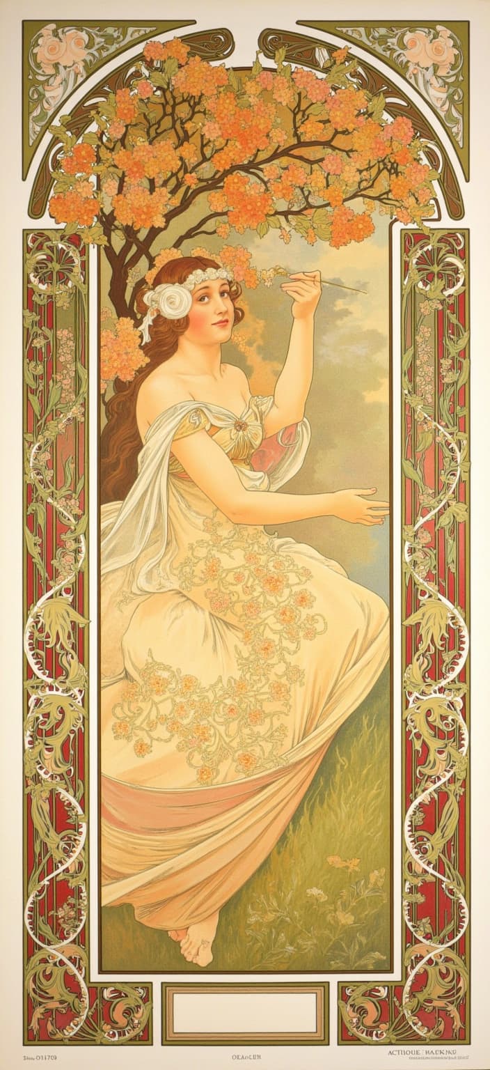 mucha, In the vibrant noon sun, a serene woman, embodying tranquil grace, sits elegantly beneath a magnificent, blossoming tree. Her presence is the heart of the composition, seated on a gentle patch of lush grass. Her delicate hands engage in the act of painting on a canvas, capturing the essence of her surroundings with each brushstroke. She wears flowing robes, meticulously adorned with intricate floral patterns that mirror the splendor of the blossoms above her, seamlessly blending her attire with the abundant beauty of nature around her.

The entire scene draws inspiration from the ornate and delicate style of Alphonse Mucha, where the fluidity of her movements and the organic lines of her setting evoke a dreamlike, romantic aesthetic. Flowing, organic lines guide the viewer's eye through the intricate decorative patterns, creating a harmonious blend of natural motifs such as vibrant flowers, entwining vines, and subtle celestial elements that dance through the air.

Set against a highly stylized background, the painting exudes a refined, ornamental quality. The composition is enriched with Mucha’s signature palette, featuring a delicate spectrum of colors that meld exuberantly with the floral motifs. Sinuous vines and blooming flowers intertwine effortlessly with subtle geometric patterns, bestowing the scene with an ethereal beauty.

Encasing the entire image is an elaborate ornamental frame, reminiscent of a grand Gothic window. This intricate border, adorned with organic patterns, clusters of flowers, and celestial symbols, serves as both a visual unifier and a gateway into a dreamlike realm. Here, nature and human emotion intertwine in poetic harmony, inviting the viewer into a sanctuary of artistic expression. The scene, centered with precision, ensures a crisp, clean look suitable for printing as a captivating digital wallpaper, capturing the essence of Mucha’s timeless elegance and the serenity of the moment.