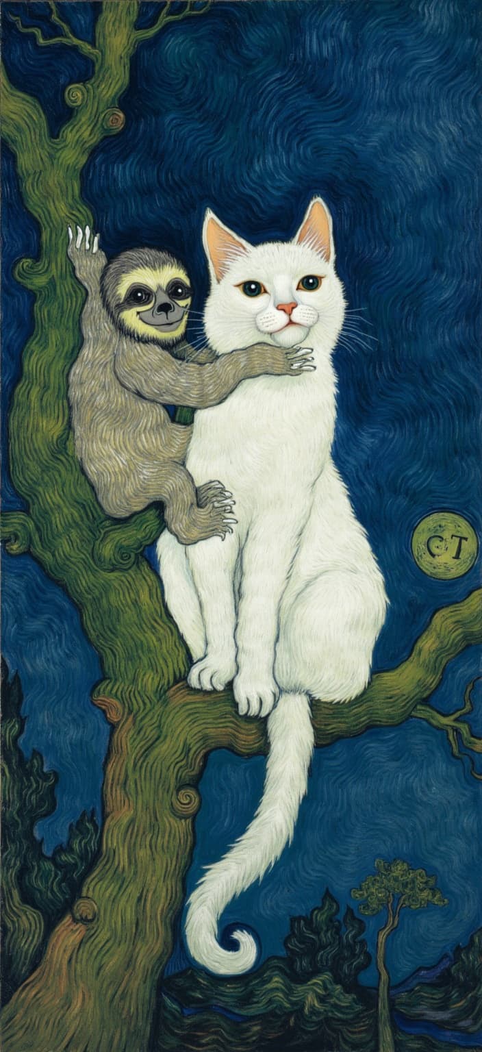 van_gogh, In the center of this digital wallpaper, imagine a beautifully intricate painting that captures the vivid essence of a white cat with light coffee-colored markings. Its deep, dark blue eyes echo the depths of an ocean at midnight, perfectly complementing the rich, dark blue background that envelops this serene scene. This background is textured with dynamic brushwork that swirls and dances around the central figures, creating an intense visual experience.
Perched beside the cat is an endearing, gentle sloth, clinging lovingly to a branch. The sloth's fur is depicted with rich, layered strokes that give it a sense of warmth and softness, inviting the viewer into a tender moment of companionship. In one of its claws, the sloth holds a small sign with the initials "CT," the letters rendered in a bold, expressive style that draws attention without overwhelming the scene.
The entire composition is infused with vigorous, linear patterns and swirling, flame-like brushstrokes that pulse with energy, reminiscent of the styles that emphasize raw emotion and urgency. The use of vivid, rich colors is carefully balanced, employing bold complementary contrasts of blue and the soft coffee hues to heighten the emotional impact.
This artwork, with its intense color palette and dynamic texture, is designed to be a centerpiece, providing a crisp, clean look that is ideal for digital wallpaper. Its deep emotional resonance and universal appeal make it a compelling addition to any digital collection, inviting viewers to lose themselves in its vibrant world.