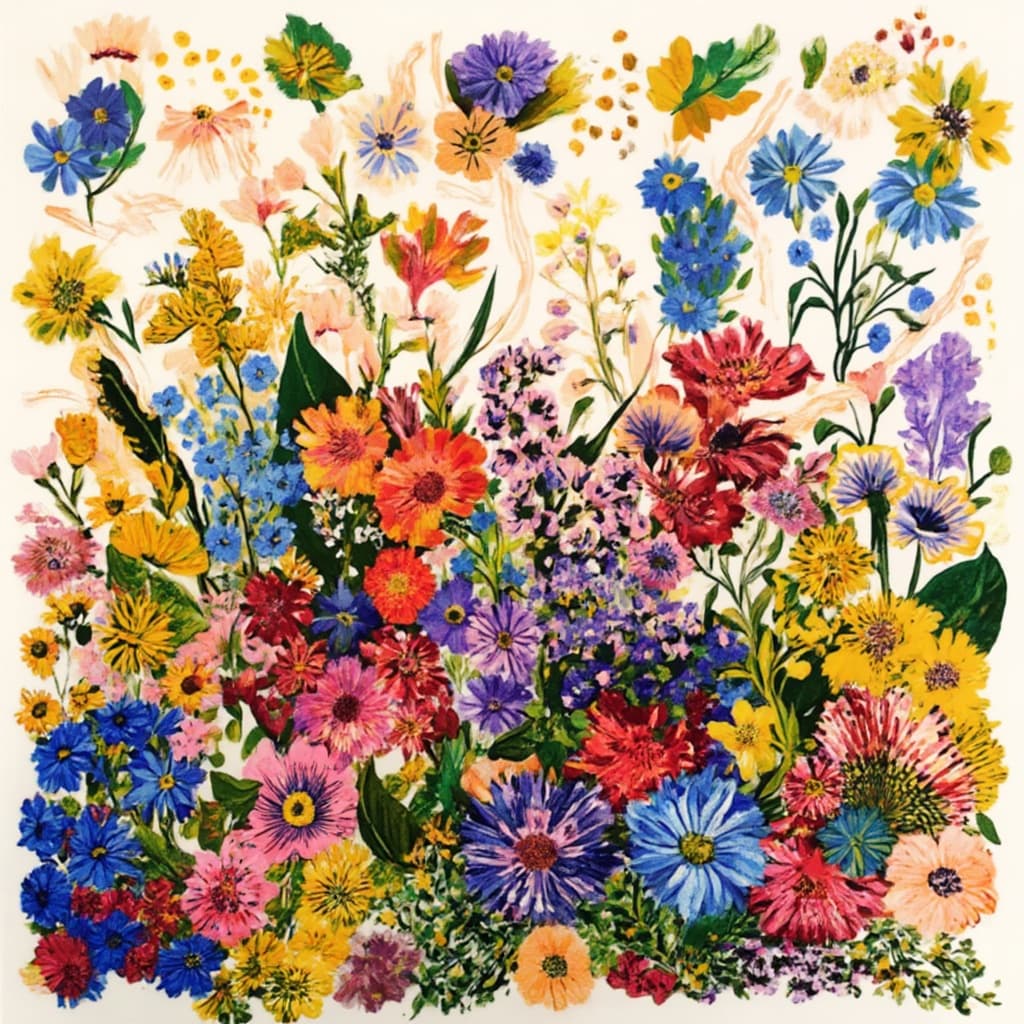 colorful_illustration, Enriched prompt: Imagine a stunning and detailed illustration of wildflowers, brought to life in a vibrant and colorful style that feels playful and dynamic, with a distinct hand-drawn quality. The scene is centered, drawing the eye to a lush bouquet of various wildflowers, each petal and leaf intricately detailed and bursting with vivid hues that pop against a backdrop of whimsical organic shapes. Scattered across the canvas are decorative elements like dots, swirls, and abstract motifs that add to the visual interest, creating a sense of depth and movement. This lavish, decorative composition seamlessly blends bold organic forms with delicate details, reminiscent of Scandinavian folk art and mid-century botanical prints. The harmonious arrangement of floral elements weaves together a natural, free-flowing tapestry that is both luxurious and inviting, perfectly suited for a piece of wall-art that transforms any space with its enchanting beauty.