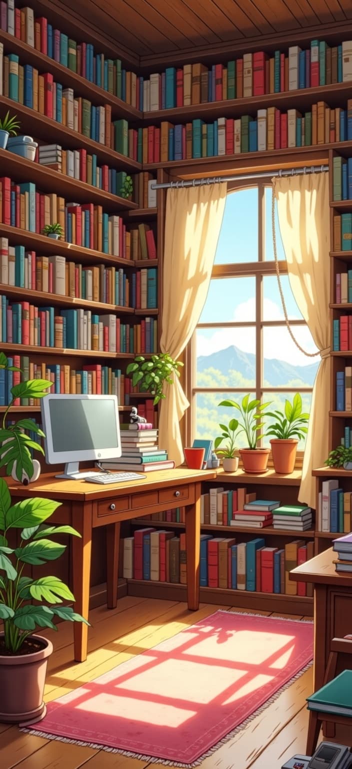 ghibli_illustration, Title: "Whimsical Office Sanctuary"
Description: Imagine a whimsical office room that's a haven for book lovers and tech enthusiasts alike, perfectly designed for a digital wallpaper. This artwork captures a richly detailed and lively environment, staying true to the hand-drawn animation style with a joyful and dreamlike aesthetic. The space is filled with an abundance of books, meticulously rendered to show varied spines and covers, nestled on charmingly imperfect wooden shelves that line the walls. A vintage-inspired desk takes center stage, complete with a sleek, modern PC that contrasts beautifully with the abundance of literature surrounding it. Warm, natural light filters through a nearby window, casting a soft, inviting glow across the room, creating a cozy and dreamlike atmosphere. The colors are bright yet slightly muted, avoiding harsh contrasts to maintain a nostalgic quality. The scene is alive with details — a soft rug underfoot, a leafy potted plant adding a touch of nature, and a gentle scattering of everyday office items like a steaming coffee mug and a whimsical desk lamp. The hand-drawn textures, subtle pencil sketches, and organic movement of the scene make the setting feel lived-in and tangible. The overall composition ensures that each main subject is accurately proportioned and clearly visible, centered to provide a crisp, clean look suitable for printing as a digital wallpaper.