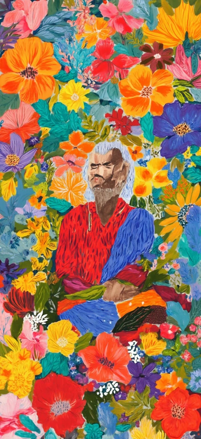 colorful_illustration, In the vibrant and colorful illustration, Geralt of Rivia is depicted meditating serenely in the rain, positioned centrally to create a crisp and clean look ideal for digital wallpaper. The scene is alive with dynamic energy, encapsulating a playful yet introspective atmosphere. Geralt, in his familiar Witcher attire, sits cross-legged, his eyes gently closed, as the rain softly cascades down upon him. The rain is illustrated with delicate, swirling lines and dots, adding a whimsical, hand-drawn touch to the composition.
The background is a tapestry of organic shapes and scattered decorative elements, inspired by a lavish, decorative style. Vivid leaves and floral elements are harmoniously arranged across the canvas, evoking the natural elegance of Scandinavian folk art and the intricate charm of mid-century botanical prints. Bold organic shapes intermingle with delicate details, creating a luxurious layering of colors and patterns that suggests depth and movement. Radial floral patterns embellish the scene, their harmonious curves and swirls reinforcing the meditative tranquility of the moment.
This intricate composition, with its seamless blend of bold and delicate motifs, imbues the image with both a sense of profound calm and vibrant life, making it a captivating digital wallpaper that captures the essence of Geralt's meditative state in a richly detailed, hand-drawn style.