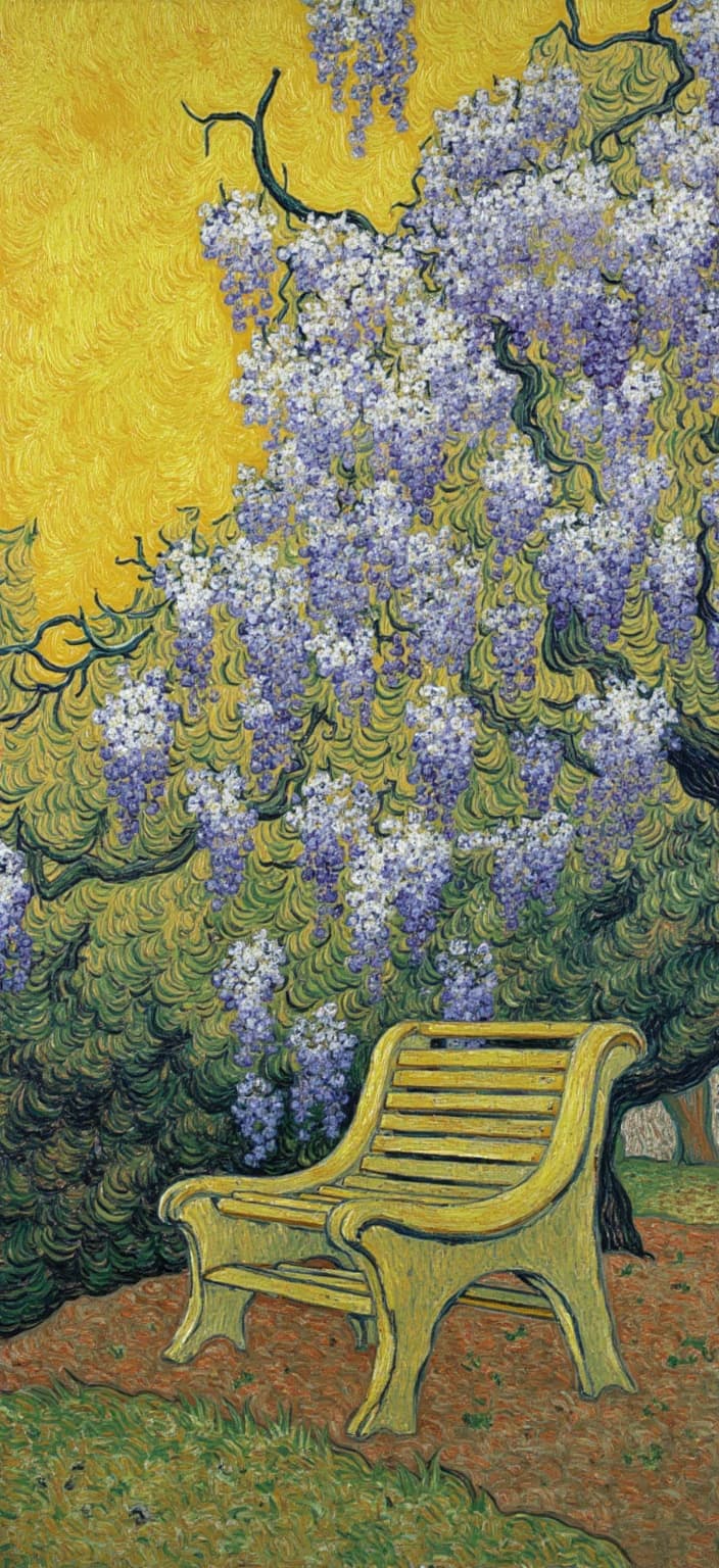 van_gogh, A captivating digital painting captures the serene beauty of blossoming wisteria cascading gracefully over a tranquil garden bench, evoking a sense of vintage Japanese aesthetics. This scene is brought to life through a style characterized by intense color and dynamic brushwork. The artist employs vivid, rich colors applied in thick, impasto layers, creating an immersive sense of movement and emotional depth. Bold complementary color contrasts, particularly combinations of yellow and purple, heighten the painting’s visual impact and intensity. The loose, energetic brushstrokes swirl in curly, flame-like patterns, infusing the artwork with a rhythmic, almost pulsating quality. Vigorous, linear patterns evoke a unique sense of motion and life, emphasizing the raw emotion and urgency that make this painting both deeply personal and universally compelling. The composition is centered perfectly, ensuring a crisp, clean look ideal for a mesmerizing digital wallpaper.