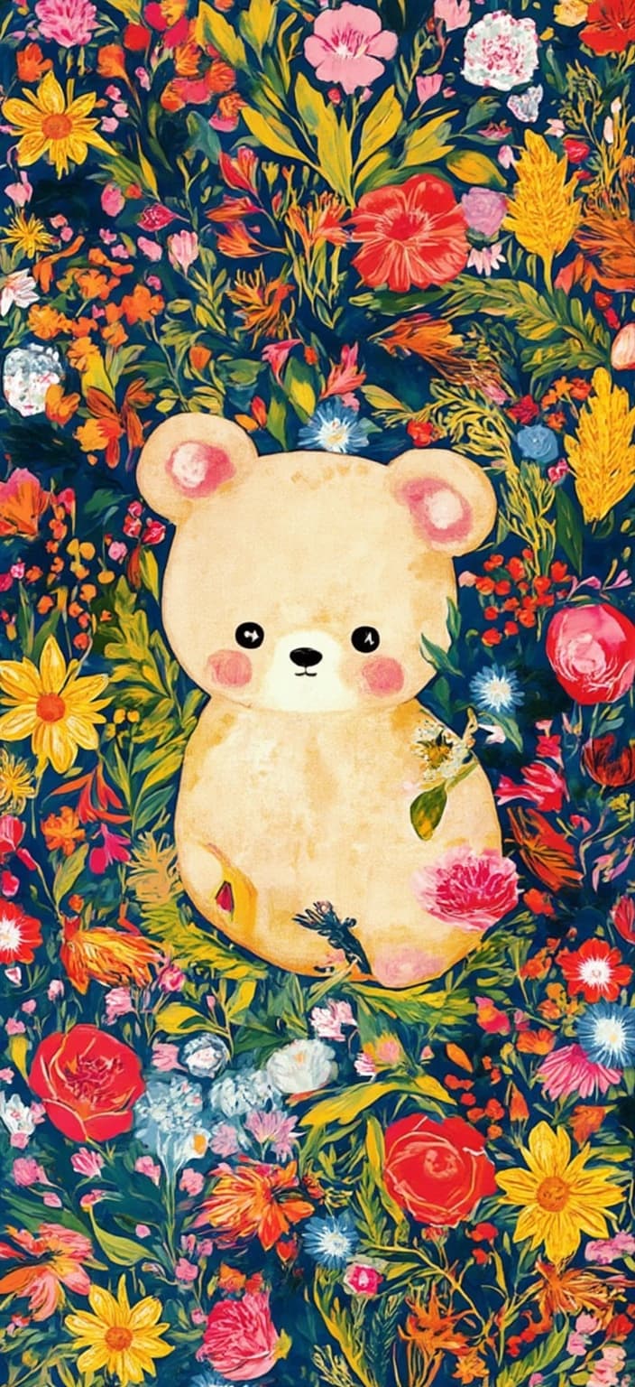 colorful_illustration, In this vibrant and colorful illustration, a cute Rilakkuma takes center stage, exuding an aura of playful serenity. The character is depicted with a delightful, hand-drawn feel, radiating charm with its round ears and soft, plush appearance. Rilakkuma is nestled comfortably amidst an enchanting background that bursts with dynamic, organic shapes and scattered decorative elements.
The scene is alive with various leaves and delicate floral elements, meticulously arranged in a harmonious dance across the canvas, invoking a natural, free-flowing quality. The lavish decorative style is evident in the intricate composition, where bold organic shapes meld seamlessly with delicate details. This setting features scattered ornamental elements like dots, swirls, and abstract motifs, which inject a sense of joyous movement into the tableau.
A luxurious layering of vibrant colors and patterns conjures depth and dynamism, drawing inspiration from Scandinavian folk art and mid-century botanical prints. The organic shapes and radial floral patterns envelop Rilakkuma, creating a serene oasis that blends whimsy with tranquility. The entire visual is centered to ensure a crisp, clean look, perfectly suited for printing onto a digital wallpaper, transforming any space into a haven of playful artistry.