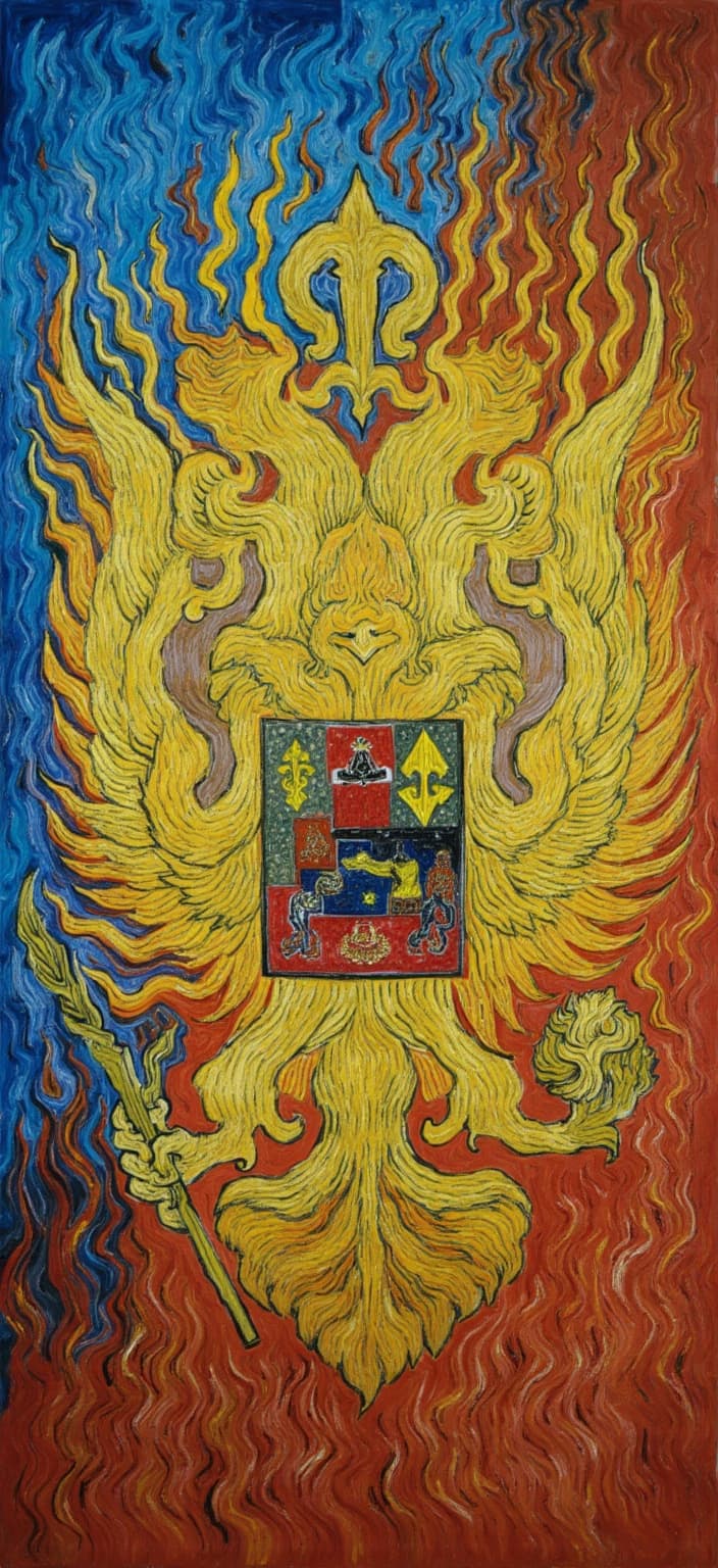 van_gogh, Title: "The Heart of Russia"
Description: Imagine a painting that captures the essence of the Russian Federation's coat of arms with an explosion of vibrant energy and emotional depth. Centered perfectly for a crisp, clean look, this digital wallpaper is a bold artistic interpretation that blends tradition with modern intensity.
The majestic double-headed eagle, a symbol of vigilance and power, dominates the composition. Its feathers are depicted with dynamic brushwork, each stroke brimming with life and vigor. The eagle's eyes glisten with an intense, almost fiery drive, reflecting the spirit of the nation it represents. The crown above its heads shines with golden hues, lending an air of regal authority, while the orb and scepter it holds are rendered with swirling patterns, resembling flames that seem to dance with an inner fire.
The background is a symphony of color, with intense blue and fiery orange clashing and blending to create a vivid backdrop that heightens the visual impact. The use of impasto techniques gives the painting texture and dimension, as if the coat of arms is emerging from the canvas itself. Swirling, curly patterns in the background create a sense of rhythm and movement, as if the painting is alive, pulsating with the heartbeats of the Russian nation.
This piece is not just a display of national pride but an emotional outpouring, capturing the raw essence of the Russian soul. It speaks of history, power, and enduring spirit, making it a deeply personal and universally compelling artwork.
When printed, this digital wallpaper will be more than just a decorative piece; it will be a striking centerpiece, a conversation starter, and a powerful expression of Russian heritage and artistry, infusing any room with its bold, expressive presence.