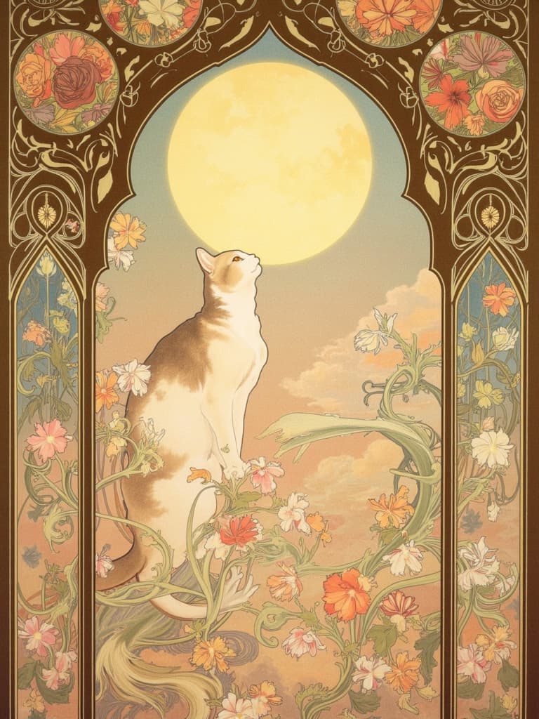 mucha, Enriched prompt: Create a mesmerizing digital wallpaper that captures the enchanting scene of a cat gazing up at the moon, rendered in a style reminiscent of Alphonse Mucha's masterpieces. At the heart of the composition is the majestic feline, its eyes wide with wonder as they reflect the luminous celestial body above. The moon, a radiant orb, casts a gentle, ethereal glow across the scene, creating an aura of mystery and awe.
Surrounding the cat are intricate decorative patterns and flowing, organic lines that weave throughout the image, incorporating an abundance of exuberant floral motifs and sinuous vines that seem to dance in harmony with the celestial elements. The background is highly stylized, contributing to the dreamlike, romantic aesthetic that merges fine art with design.
The delicate color palette is a harmonious blend of soft pastels and muted tones, enhancing the overall composition with a refined ornamental quality. Subtle geometric patterns and exuberant floral designs, composed of blooming flowers and celestial symbols, intertwine with the scene, adding depth and intrigue.
Encasing this tranquil yet vibrant tableau is an elaborate ornamental frame, evoking the grandeur of a Gothic window. The sweeping curves and detailed embellishments of the frame are adorned with organic patterns, flowers, and celestial symbols, inviting the viewer into a realm where nature and emotion seamlessly intertwine. This intricate border serves as a visual gateway, enhancing the image's dreamlike quality and making it perfect for a captivating digital wallpaper.