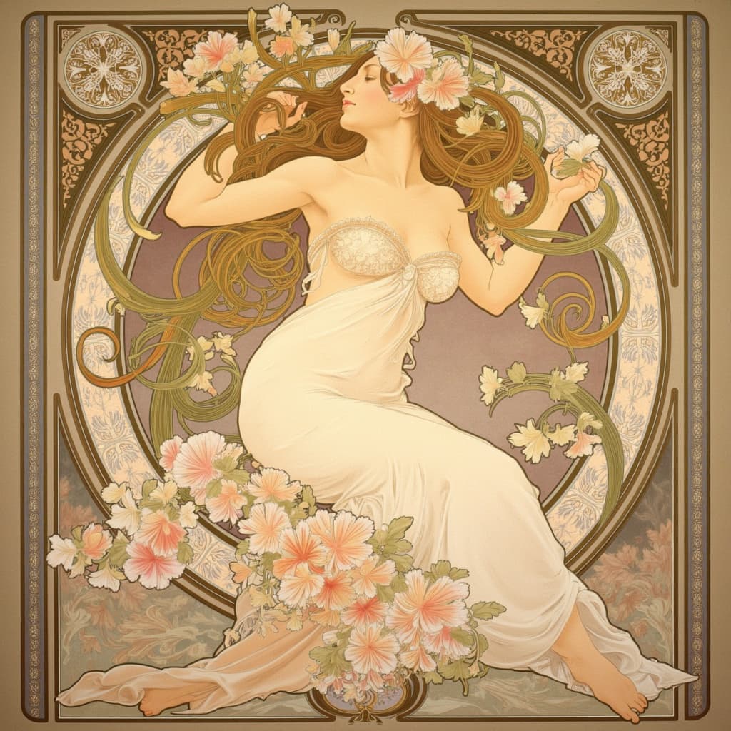 mucha, Enriched prompt: Envision a mesmerizing painting centered on a ethereal, nymph-like female figure, gracefully poised in a dreamlike setting. Her delicate form is adorned with ornate decorations, intricately crafted to exude an aura of otherworldly elegance. The scene is painted in a style reminiscent of Mucha, with flowing, organic lines and a harmonious blend of natural motifs such as flowers, vines, and celestial elements, creating a romantic aesthetic that blurs the lines between fine art and design.
Surrounding her is a lush tapestry of blooming flowers and sinuous vines which weave through the scene, punctuated by subtle geometric patterns that enhance the composition with a refined, ornamental quality. Delicate colors wash over the canvas, lending softness and exuberance to the overall atmosphere.
The entire composition is framed within an elaborate ornamental border resembling a grand Gothic window, its sweeping curves and detailed embellishments inviting the viewer into a serene world where nature and human emotion unite in poetic harmony. Enclosed within this intricate border, adorned with organic patterns, flowers, and celestial symbols, the painting exudes a sense of timeless beauty, making it an enchanting piece perfect for wall art, capturing the imagination and stirring the soul.