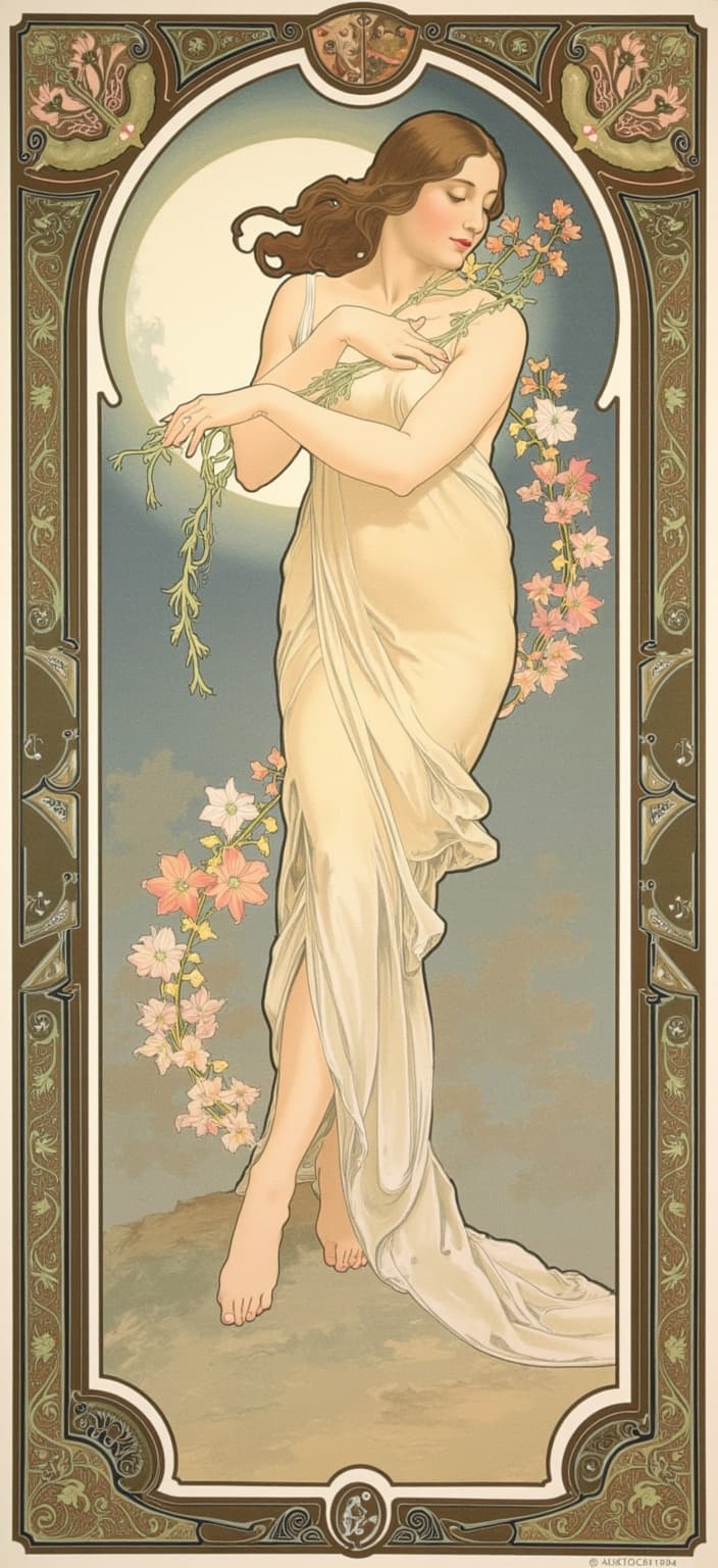 mucha, The painting presents a mesmerizing scene where a graceful cat is harmoniously intertwined with a luminous moon, set in an ethereal, dreamlike atmosphere. The cat, with its sleek form and elegant posture, seems to bathe in the subtle silver glow of the moon, its fur illuminated with delicate, flowing strokes that echo the organic lines of Art Nouveau.
Surrounding the central figures is a tapestry of intricate decorative patterns and motifs. Sinuous vines weave through the composition, their gentle curves echoing Mucha’s influence, while blooming flowers and celestial elements are interspersed throughout, enhancing the romantic and harmonious aesthetic. The background is highly stylized, blending fine art with design to create a surreal landscape that feels both timeless and enchanting.
The color palette is a refined blend of delicate pastels, with soft blues, gentle pinks, and muted greens, accentuated by the shimmering silver of the moon. This combination of colors imbues the scene with a sense of calm and serenity, inviting viewers to lose themselves in its tranquil beauty.
Encircling the entire painting is an elaborate ornamental frame, reminiscent of a grand Gothic window. Its sweeping curves and detailed embellishments are adorned with organic patterns, flowers, and celestial symbols, serving as a gateway into this dreamlike realm. This intricate border not only unifies the composition but also elevates it, adding a layer of ornate sophistication and depth.
This artwork, perfectly centered and meticulously detailed, is designed to be a striking digital wallpaper, capturing the imagination and creating a serene, poetic space that is both enchanting and evocative.