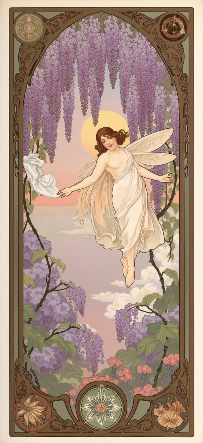 mucha, Enriched Prompt: The painting captures a dreamy fairy gracefully floating amidst a cascade of purple wisteria blooms. Her ethereal presence is emphasized by translucent wings that shimmer delicately in the twilight, casting a subtle iridescence across her surroundings. The background is a tapestry of soft lilacs and emerald green vines, framing the scene and enhancing the magical, enchanted quality of the environment.
Inspired by the flowing, organic lines reminiscent of Art Nouveau, this piece features intricate decorative patterns and a harmonious blend of natural motifs. The composition is lush with flowers, sinuous vines, and celestial elements, all set against a highly stylized, dreamlike background that melds seamlessly with its aesthetic inspiration. Delicate colors and exuberant floral motifs, typical of Mucha, are woven throughout the image, with blooming flowers and subtle geometric patterns adding a refined, ornamental quality.
The entire scene is enclosed within an elaborate, ornamental frame that echoes the grandeur of a Gothic window. This intricate border is adorned with organic patterns, flowers, and celestial symbols, serving to unify the composition and invite viewers into a dreamlike realm where nature and emotion dance poetically. This artwork, centered for a crisp and clean presentation, is perfectly suited as a digital wallpaper, transforming any space into a portal to this whimsical, romantic world.