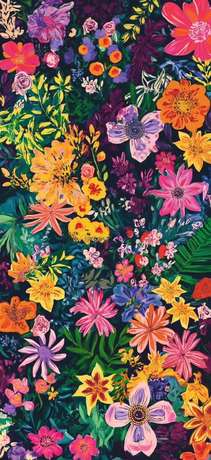 colorful_illustration, Enriched prompt: Immerse yourself in a captivating Y2K-inspired painting that melds cool, dark tones with a mid-century aesthetic, crafted to bring an artistic touch to your digital wallpaper. This piece adopts a vibrant and colorful illustration style, echoing a playful and dynamic hand-drawn feel. The central composition features bold organic shapes interwoven with intricate, lavish decorative elements like dots, swirls, and abstract motifs. These elements cascade across a lush background, creating a rich tapestry of colors and patterns that exude both depth and movement. Scattered throughout the piece, various leaves and floral elements are harmoniously arranged, invoking the natural, free-flowing quality reminiscent of Scandinavian folk art and mid-century botanical prints. This digital wallpaper not only draws you in with its stylish, intricate design but also transforms any digital space into a canvas of artistic expression, perfect for those seeking a modern yet nostalgic visual experience.