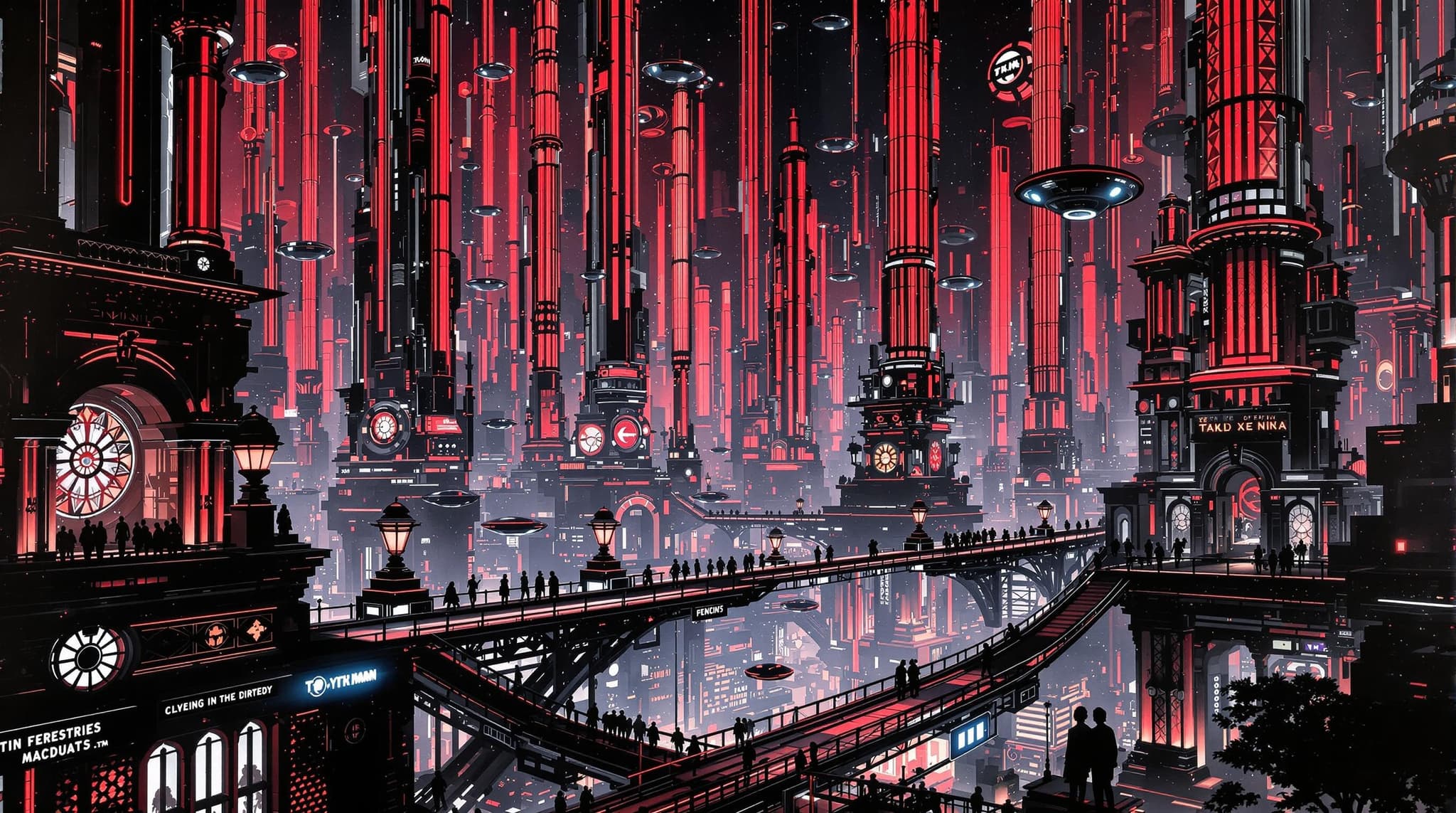 , ("A breathtaking art piece depicting a futuristic cityscape, where towering skyscrapers stretch into the heavens, each adorned with an array of vibrant, pulsating neon lights cascading in an electrifying fusion of black and red. The city's architecture is a harmonious blend of tradition and innovation, where sleek, modern structures coalesce with classical elements. Elaborate arches and ornate columns are subtly woven into the futuristic design, adding a timeless elegance to the urban environment. The city is alive with activity, bustling with floating vehicles and silhouetted figures that traverse the sky bridges high above the streets. The rich, saturated hues of red and black dominate the painting, creating a dramatic contrast that heightens the sense of mystery and allure. The artistry channels the essence of classical style, with an emphasis on balance, harmony, and intricate details, yet reimagined through a contemporary lens. This mesmerizing image is perfectly centered, ensuring a crisp, clean aesthetic that makes it ideal as a statement piece of decor, captivating all who behold it with its seamless blend of the past and the future.",)