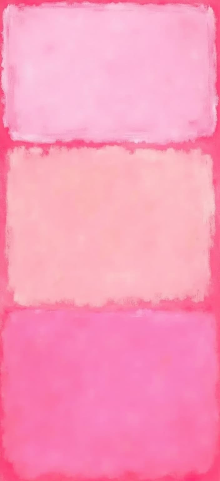 rothko, Envision a captivating digital wallpaper that exudes a sense of relaxation and warmth through a symphony of pink hues. The painting embodies the essence of gently overlapping, translucent pinks, creating an ethereal dance of soft warmth. The complex layering of colors allows the light to filter through, imbuing the artwork with a mesmerizing inner glow and remarkable luminosity.
From a close perspective, the colors appear to gracefully melt and fuse into one another, with beautifully blurred boundaries that invite the viewer to explore the subtle nuances. Delicate, soft-edged rectangles seem to weightlessly float across the canvas, creating floating zones of color that shift and shimmer as the eye moves.
Richly textured surfaces are accentuated by paint drips and strokes that run in unconventional directions, adding depth and intrigue to the composition. The overall effect is one of tranquility and serenity, inviting the viewer to lose themselves in its soothing, dreamy atmosphere. The canvas is centered, ensuring a crisp, clean look that is perfect for printing as a digital wallpaper.