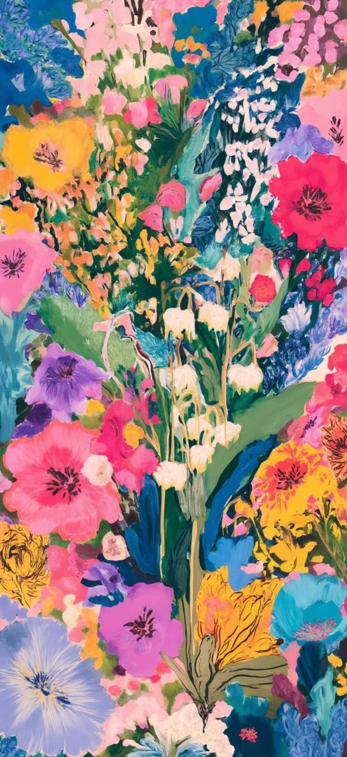 colorful_illustration, A captivating painting centers on a minimalist bouquet of Lily of the Valley, exuding an elegant simplicity that highlights the delicate, bell-shaped white flowers nestled among slender, arching green stems. This bouquet takes on a lively character, painted in a vibrant and colorful illustration style that breathes playfulness and dynamic energy into the scene. The hand-drawn feel imbues the lilies with a sense of life and movement, inviting the viewer to admire their fragile beauty.
The background is a tapestry of organic shapes and scattered decorative elements, where various leaves and floral patterns dance across the canvas. This arrangement is harmonious and natural, offering a free-flowing quality that complements the minimalist bouquet. The rich, decorative style intricately blends bold organic shapes with fine details, featuring ornamental adornments like dots, swirls, and abstract motifs. These elements are lavishly layered in an array of colors and patterns, creating depth and a sense of movement, reminiscent of the luxurious artistry found in Scandinavian folk art and mid-century botanical prints.
This design is meticulously centered, ensuring a crisp, clean appearance that lends itself perfectly to digital wallpaper. The lavish yet minimalist composition transforms a simple bouquet into a vivid, artistic expression, designed to enhance any digital space with its natural charm and intricate detail.