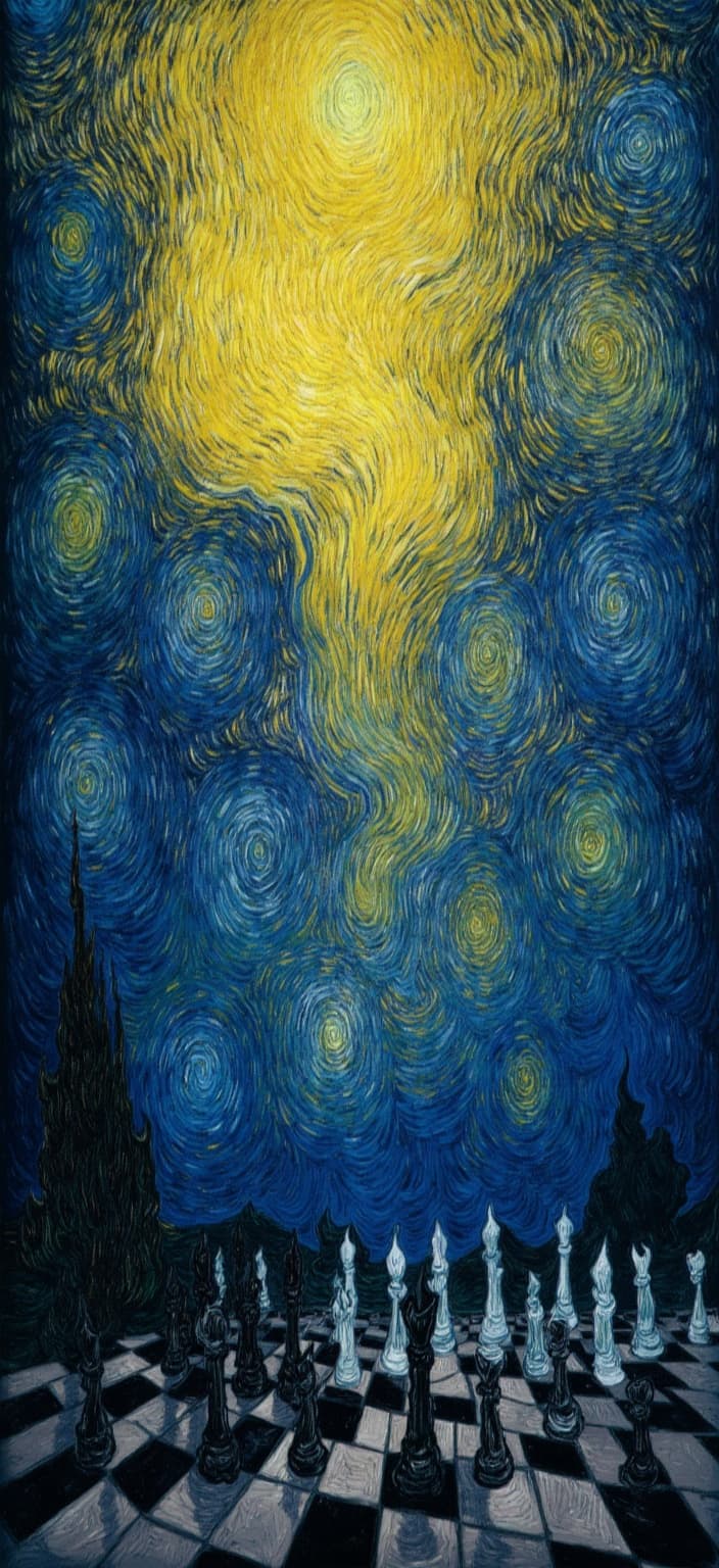 van_gogh, A captivating, atmospheric painting capturing the essence of Van Gogh's post-impressionist style, designed for a stunning digital wallpaper. Central to the composition is a dark, moody chessboard set with intricately detailed pieces, each shadowed and highlighted to convey a sense of depth and mystery. The chessboard acts as a grounding element in the foreground, its squares painted in a somber palette of deep blues, charcoal grays, and hints of muted purples, enhancing the enigmatic aura.

Above, the scene is enveloped in the iconic swirling stars and luminous night sky inspired by Van Gogh's "Starry Night." The heavens are brought to life with intense, dynamic brushwork that captures the starry expanse in vivid yellows and deep blues, swirling energetically across the canvas. The use of impasto techniques adds texture and dimension, as the thick, vibrant layers of paint evoke a sense of movement and emotional intensity.

The composition utilizes bold complementary color contrasts—rich blues against bright yellows—to heighten the visual impact and draw the viewer's gaze upward from the chessboard to the celestial display above. The brushstrokes are loose and energetic, forming swirling patterns that mimic the rhythmic quality of Van Gogh's flame-like motifs, imparting an otherworldly sensation.

This painting is infused with raw emotion and urgency, perfectly encapsulating the tension and strategic drama inherent in a game of chess under a cosmic backdrop. It is both deeply personal and universally compelling, designed to transform a digital screen into a window to a dreamlike, nocturnal realm. Perfect for a digital wallpaper, the image is centered and composed to ensure a crisp, clean look that invites contemplation and admiration.