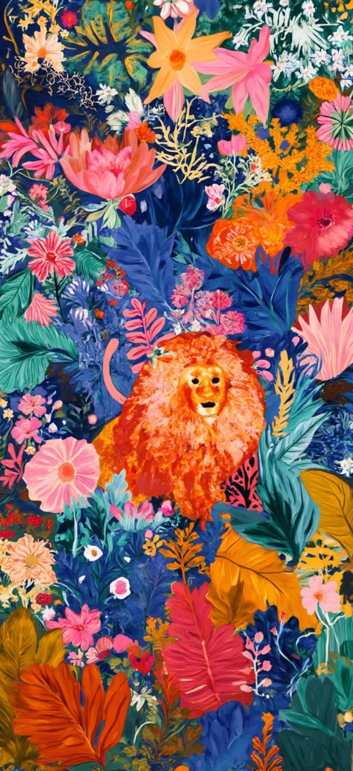 colorful_illustration, Enriched prompt: Imagine a vibrant and animated lion, brought to life in a dynamic and colorful illustration. The lion, with its majestic mane flowing like a cascade of brilliant hues, stands proudly at the center of the canvas. Its expressive eyes and playful demeanor capture the essence of animation, bringing a sense of vitality and movement to the piece. The lion's form is elegantly outlined with hand-drawn textures, adding an engaging and whimsical quality to its appearance.
Surrounding the lion is a lush backdrop filled with an array of organic shapes and scattered decorative elements. The background is a harmonious blend of various leaves and floral motifs, intricately arranged to convey a sense of natural beauty and free-flowing energy. These elements, reminiscent of Scandinavian folk art and mid-century botanical prints, create a luxurious layering effect that adds depth and movement throughout the canvas.
The composition exudes a lavish, decorative style where bold organic shapes gracefully merge with delicate details. Ornamental elements such as dots, swirls, and abstract motifs are interspersed throughout, enhancing the artwork's playful and hand-drawn feel. The rich and dynamic color palette infuses the scene with a sense of warmth and vibrancy, making it perfect for a digital wallpaper that transforms any space into a lively sanctuary of art and nature.