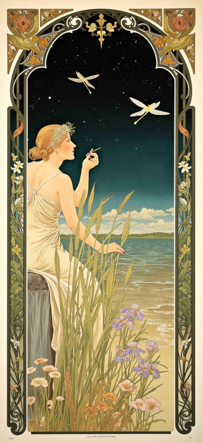 mucha, Dive into a dreamlike masterpiece that captures the serene essence of a lake's edge under a starry night sky. In this Art Nouveau-inspired painting, the influence of Alphonse Mucha is palpable, as flowing, organic lines and intricate decorative patterns weave throughout the composition. At the heart of this scene, iris flowers, bullrushes, and reeds gracefully emerge from the water's edge. Dragonflies elegantly flutter across the canvas, adding a touch of whimsy and movement.
Sinuous vines cascade gracefully, interspersed with blooming flowers that burst with life and color, underscoring the harmonious color palette that weaves through the painting. Delicate hues evoke a sense of romance and tranquility, drawing the viewer into an ethereal, dreamlike aesthetic where fine art and design unite effortlessly.
The background is highly stylized, merging celestial elements with natural motifs to create a seamless blend of art and nature. This captivating scene is enveloped by an elaborate ornamental border, reflecting the signature Art Nouveau whiplash curves and flowing lines. The border is adorned with organic patterns, flowers, and celestial symbols, framing the composition without symmetry, adding a dynamic, naturalistic balance.
This intricate painting serves as a digital wallpaper, perfect for a smartphone background, inviting viewers into a world where nature and human emotion poetically intertwine. This piece serves not only as a visual delight but as a gateway into a realm where dreams and reality converge in perfect harmony.