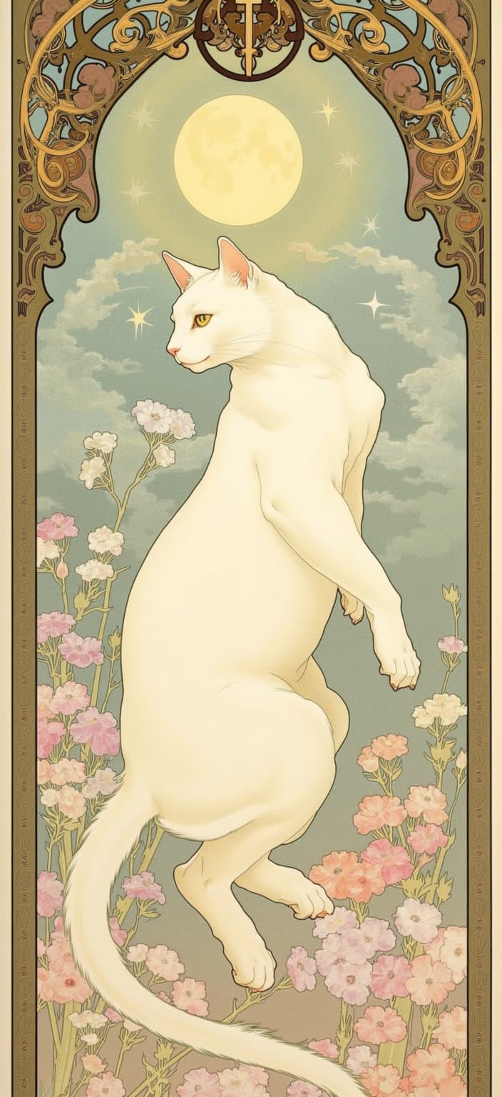 mucha, A white cat is gracefully poised beneath a luminous moon, its ethereal glow casting a gentle light on the feline's soft, silken fur. The moon, an opalescent sphere, sits high in the sky, surrounded by twinkling stars and wisps of clouds, adding to the dreamy ambiance. The cat's eyes, wide and reflective, capture the moon's light, giving it a mystical allure.
The painting is crafted in the style of Alphonse Mucha, with flowing, organic lines and intricate decorative patterns that sweep across the canvas. The background is a harmonious blend of natural motifs, such as delicate flowers, intertwining vines, and celestial elements, all meticulously rendered to create a dreamlike and romantic aesthetic. The colors are soft and pastel, with hues of lavender, pale gold, and muted greens, creating a serene and contemplative atmosphere.
The entire scene is framed within an elaborate ornamental border reminiscent of a grand Gothic window, adorned with sweeping curves and detailed embellishments. This intricate frame, adorned with organic patterns, lush flowers, and celestial symbols like stars and crescent moons, serves as both a visual unifier and a gateway into this enchanted world where nature and emotion merge in poetic harmony.
Perfectly centered, the overall composition offers a crisp and clean look that translates beautifully onto a digital wallpaper, inviting viewers to immerse themselves in this serene, dreamlike realm every time they gaze upon their screens.