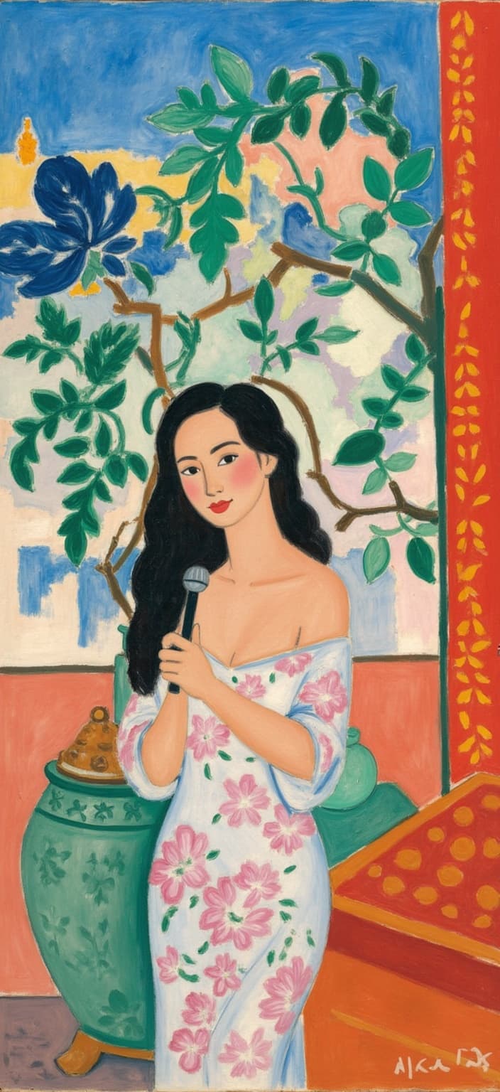 mattise_nice, In this captivating digital wallpaper, immerse yourself in a vibrant fusion of modernity and tradition, crafted in the evocative "Matisse in Nice" style. At the center of the piece, a young Chinese female podcast host stands poised with a cutting-edge, sleek microphone, embodying the essence of contemporary discourse. Her Flirla 3D Floral Bandeau Mini Dress, elegantly styled for party and Valentine's Day, adds a pop of floral charm and color, as it catches the essence of spring and renewal.

Surrounding her is the rich, storied backdrop of Pratapgarh Fort, infused with the spirit of medieval architecture and Vedic period influences. Subtle carvings and symbols of the sun god, related to the ancient worship of Mithra, are interwoven into the scene, casting an intermingling aura of history and spirituality. This intricate tapestry of elements mirrors her topical discussions that encompass profound themes: the concept of Qi and its vitality block due to external policy bans, the psychological impact of confidence loss, the grounding of Socratic wisdom against misleading authority, the social stagnation post-2020, prophetic echoes of Liu Bowen’s warnings, and the hopeful symbolism of Maitreya Buddha heralding societal fairness and awakening.

The palette is a harmony of bold, rich colors that span the spectrum—emphasizing the dynamic and contemplative tone of the painting. The composition is meticulously centered, creating a striking and clean look, perfect for transforming any digital screen into a realm of deep conversation and artistic splendor. This digital wallpaper not only adorns but also invites reflection upon the intricate dance of modern challenges and timeless wisdom.