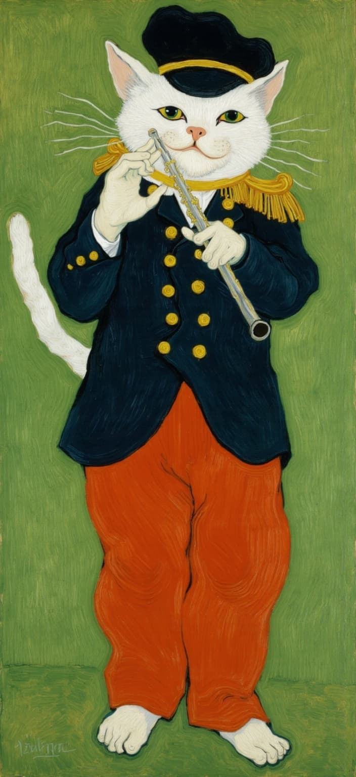 van_gogh, **Enriched Prompt:**
The painting presents a whimsical reinterpretation of Édouard Manet’s ‘The Fifer’ imbued with a lively, charming twist where a cute white cat takes center stage. This feline, exuding an air of charming confidence, stands upright with its left limbs holding a flute, positioned elegantly on the viewer’s right. The cat is fabulously dressed in a dark military-style jacket intricately detailed with shimmering gold buttons, adding a regal touch. Complementing this ensemble are vibrant red trousers that bring a dramatic flair, beautifully contrasting the cat's stark white fur. Atop its head rests a black cap, trimmed with a striking yellow band, lending an added layer of sophistication to the whimsical creature.
In its delicate paws, the feline holds the flute gracefully poised at its mouth, as if captured in the soft, melodious refrain of a captivating performance. The playfulness of this element invites viewers into a harmonious world filled with whimsy and charm. The cat’s large, luminous eyes are full of expressive curiosity, offering a delightful twist on the classic composition that both enchants and engages.
The background is a rich olive green, rendered in a flat yet lush painterly style reminiscent of 19th-century French realism. Yet, the painting draws deep inspiration from a style characterized by intense color, dynamic brushwork, and bold, expressive compositions. Vivid, rich colors are applied in thick, impasto layers, creating a swirling sense of movement and emotional depth. Bold complementary color contrasts, such as the striking pair of blue and orange, or the harmonious duo of yellow and purple, heighten the visual impact and intensity.
Loose, energetic brushstrokes swirl across the canvas, forming curly, flame-like patterns that impart a rhythmic, pulsating quality. This dynamic touch is enhanced by vigorous, linear patterns, imbuing the artwork with a sense of life and urgency. Positioned centrally, the composition ensures a crisp, clean look—ideal for a digital-wallpaper. The painting is not just a personal expression but a universally compelling piece of art, radiating visual intensity and emotional depth, making it a cherished adornment for any digital screen.