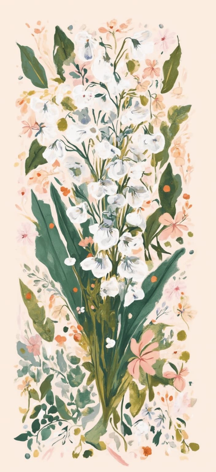 colorful_illustration, The painting centers on an exquisite bouquet of Lily of the Valley, meticulously portrayed in a Botanical Boho Minimalist style. Each delicate bell-shaped flower is elegantly captured, radiating purity and grace, while the slender, verdant leaves add a touch of lush greenery. The bouquet is arranged with a sense of natural simplicity, yet it exudes an underlying elegance and sophistication.
Drawing inspiration from vibrant and colorful illustration techniques, the background is a lively tapestry of organic shapes and scattered decorative elements. Swirling around the bouquet, various leaves and floral motifs are intricately arranged, creating a dynamic and playful atmosphere. The composition is enriched with ornamental elements like dots, swirls, and abstract motifs that lend a sense of luxurious movement and depth.
The lavish layering of colors and intricate patterns is reminiscent of Scandinavian folk art and mid-century botanical prints, offering a harmonious blend of bold organic shapes with delicate details. This interplay of vibrant hues and intricate designs bestows the painting with a hand-drawn, dynamic feel, capturing the essence of a botanical paradise.
Perfectly centered, this art piece is crafted to ensure a crisp, clean visual impact, making it ideal for digital wallpaper. The seamless blend of natural beauty and artistic expression conjures a serene yet lively ambiance that will transform any digital space into a haven of tranquility and inspiration.