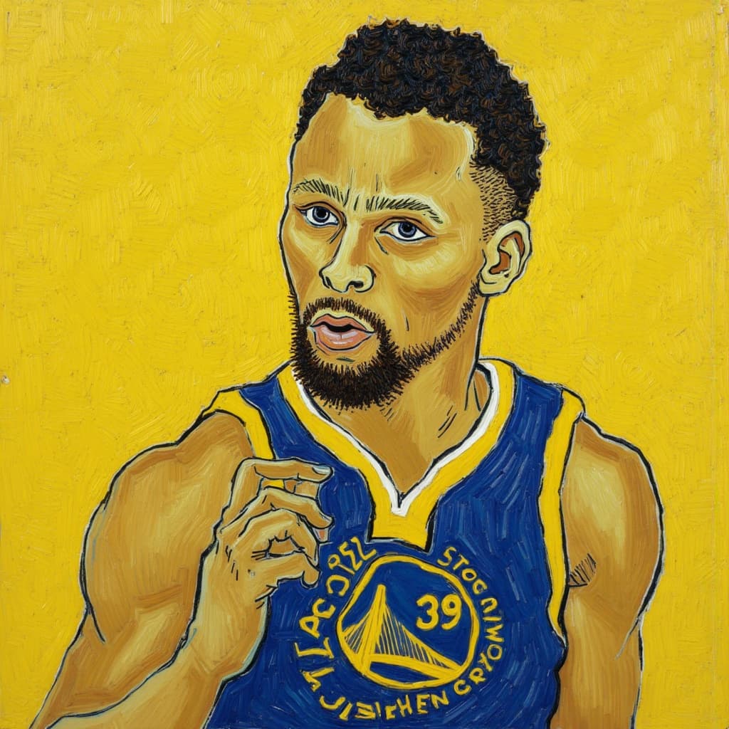 van_gogh, Enriched prompt:
Create a captivating portrait of NBA player Stephen Curry that embodies the essence of intensity and dynamism, capturing his prowess and charisma on the basketball court. The painting should burst with vibrant, intense colors, utilizing dynamic brushwork and bold, expressive compositions that bring Curry's energy and playfulness to life. Employ vivid, rich colors, applied in thick, impasto layers, to create a sense of movement and emotional depth, mirroring the excitement he brings to the game. Harness bold complementary color contrasts, such as electric blues clashing with fiery oranges or radiant yellows paired against deep purples, to heighten the visual impact and intensity of the piece.
The brushstrokes should be loose, energetic, and swirling, with curly, flame-like patterns that lend a rhythmic, almost pulsating quality to the painting, capturing Curry's fluid motion and the thrill of the game. This dynamic touch, combined with vigorous, linear patterns, should invoke a unique sense of motion and life, making the artwork both deeply personal and universally compelling. Center the image to ensure a crisp, clean look, perfectly suited for creating a stunning wall-art piece that would serve as a testament to Stephen Curry's legendary status in basketball, suitable for prominent display.