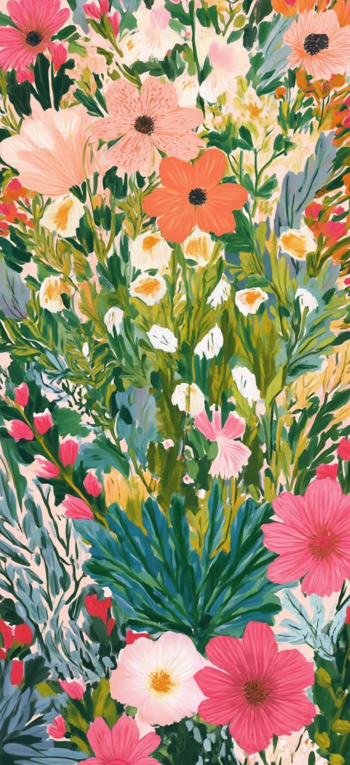 colorful_illustration, In the vibrant and colorful illustration, a centerpiece bouquet of Lily of the Valley blooms with an expressive, hand-drawn feel. The elegant white bell-shaped flowers, with their delicate green stems, are captured in exquisite detail, highlighting the botanical minimalist theme. The background flourishes with playful, organic shapes, featuring a harmonious arrangement of various leaves and floral elements that seem to dance across the canvas.
Inspiration drawn from a lavish, decorative style, the composition intertwines bold organic shapes with intricate details. Scattered ornamental elements, such as dots, swirls, and abstract motifs, are layered among the lush foliage, creating a sense of depth and movement. The luxurious layering of vibrant colors and patterns reflects a rich tapestry that enhances the natural beauty of the bouquet.
The overall design embraces the harmonious, hand-drawn aesthetic, reminiscent of Scandinavian folk art and mid-century botanical prints. The radial floral patterns and organic shapes coalesce to form a free-flowing, dynamic image that maintains a crisp, clean look, perfect for a digital wallpaper. The artwork's centrality ensures it is suitable for printing, providing a visually stunning and balanced masterpiece for any digital setting.