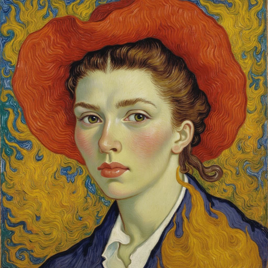 van_gogh, The painting centers on a captivating portrait of a young woman, her serene yet intense gaze drawing the viewer in. She wears a strikingly vivid red hat that pops with vibrancy against the surrounding hues, symbolizing both elegance and boldness. Her facial features are delicately rendered, yet they resonate with an underlying strength and confidence.
The background and the woman's attire are painted with intense color, dynamic brushwork, and bold, expressive compositions. Vivid, rich colors are applied in thick, impasto layers, creating a sense of movement and emotional depth that envelops the viewer. The artist's choice of bold complementary color contrasts—such as flashes of blue and orange, or undertones of yellow and purple—heightens the visual impact and intensity of the portrait.
Swirling, energetic brushstrokes form curly, flame-like patterns around her, imbuing the piece with a rhythmic, pulsating quality. This dynamic touch, combined with vigorous, linear patterns, instills the painting with a unique sense of motion and life, as if the portrait itself is breathing and animated.
The overall composition is infused with raw emotion and a sense of urgency, making the artwork both deeply personal and universally compelling. The painting’s emotional depth is mirrored in the woman's expression, inviting viewers to explore the narrative behind her poised demeanor.
This piece is designed with the intention of wall-art, ensuring it is both a centerpiece and a conversation starter. The crisp, clean look of the centered composition enhances its suitability for printing, making it a stunning addition to any space that seeks to celebrate art with profound emotional resonance.