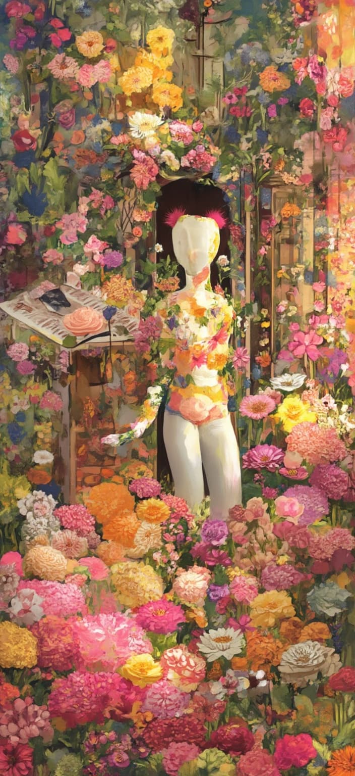 colorful_illustration, **Enriched Prompt:**
In a lavishly vibrant and colorful digital painting, a divine tapestry emerges, representing the intricate interweaving of time and sensuality. The scene unfolds in a sunlit loft studio above a charming bookstore, where a passionate lingerie designer in her thirties stands at the center, enveloped by the warm glow of the 10 am skylight. Her ethereal presence is adorned in sexy and playful lace, featuring intricate floral embroidery that embodies both passion and temptation. Her attire—a form-fitting, flirtatious lingerie dress with long sleeves—complements the delicate interplay of light chiffon and lace, which caresses her skin in an intimate embrace.
The studio exudes an environment rich with creativity and artistic immersion. Everywhere, lingerie abounds—bras, women's underwear, and volumes of captivating lingerie books are strewn amidst piles of draft paper. The pages, filled with sketches of lace tights, reveal exquisite details and craftsmanship, highlighting her fruitful artistic endeavors. A large, open leather-bound notebook lies on a table—its pages adorned with technical drawings and scattered with thoughts and poems, breathing restless energy into the air.
The background is alive with the narrative tales she weaves, merging sensuality and storytelling. Antique mannequins and an array of lingerie sketches are pinned to the walls, while paper patterns dance in the air. On the right edge, a towering digital mirror reflects only her face, overlaid with an augmented reality beauty filter. An RGB split ghost of her reflection, offset by five pixels, creates a striking glitch effect, encapsulating the duality of her role as both creator and muse.
The color palette unfolds in luxurious layers: ivory, charcoal, and taupe serve as the elegant canvas, accented by neon magenta highlights on her lips and lace. Electric cyan pixel fragments splash through the design, adding a modern edge. Organic shapes, radiant floral patterns, and decorative motifs—dots, swirls, and abstract elements—are scattered harmoniously across the background, evoking Scandinavian folk art and mid-century botanical prints.
Textures of subtle paper grain and a whisper of VHS noise add depth to the painting, while deliberate paint splatters and semi-transparent digital layers weave a narrative of expression and sensual storytelling. This opulent composition serves as a digital wallpaper masterpiece, capturing the intimate art of lingerie and the boundless dance of time.