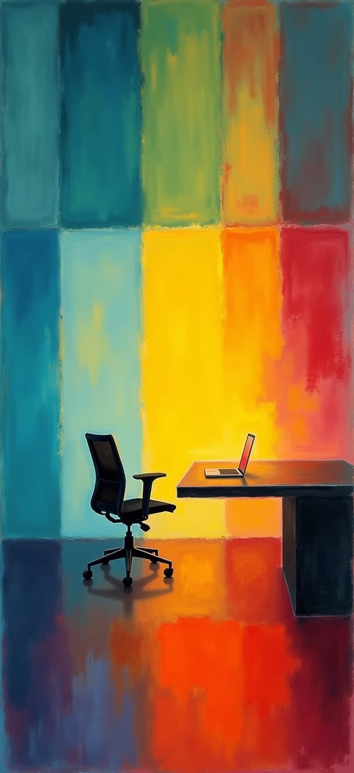 rothko, Title: "Luminous Workspace"

Description: Imagine stepping into a serene office room transformed into a masterpiece of color and light, perfect for a digital wallpaper. The painting features a modern office setting where the traditional elements are reimagined with an extraordinary interplay of translucent hues. Soft-edged rectangles and abstract forms dominate the scene, creating a mesmerizing mosaic of color that seems to pulse with life.

The walls of the office appear to be alive with floating zones of color, where rich blues, greens, and warm oranges blend seamlessly into one another, giving an impression of movement and depth. This intricate layering allows light to filter through, casting an ethereal glow across the entire room, suggesting an “inner light” that suffuses the environment with remarkable luminosity.

A sleek desk and ergonomic chair are subtly sketched in the foreground, almost as if they are emerging from or dissolving into the cascading colors around them. The boundaries of these objects are intentionally blurred, inviting the viewer to interpret their place within the shifting spectrum.

The richly varied surfaces are a testament to the artist's skill, with paint drips and strokes running in unconventional directions, adding an element of spontaneity and texture to the composition. The overall effect is one of weightlessness; the colors seem to hover on the canvas, creating a sanctuary of calm and inspiration within the busy world of work.

This digital wallpaper is not just a depiction of an office room but an artistic exploration that transforms a conventional space into a floating dreamscape of color and light, making it an ideal backdrop for any digital device looking to combine functionality with artistic elegance.