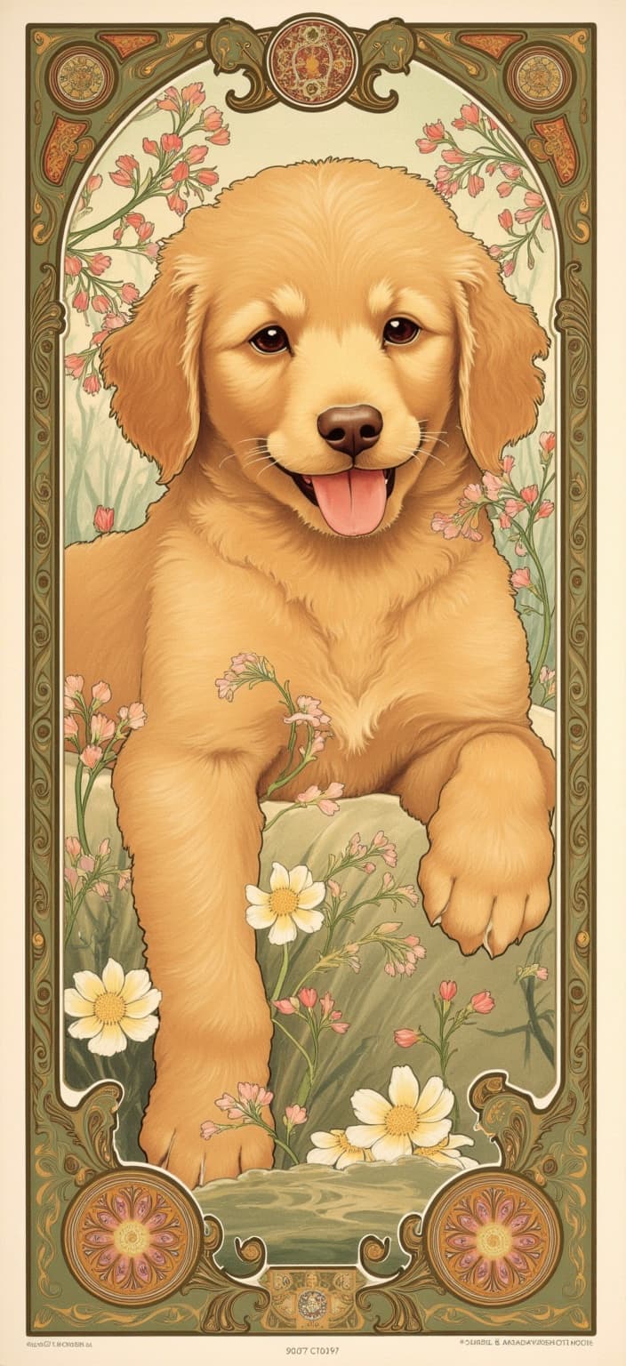 mucha, Subjected to the artful intricacies of a Mucha-inspired masterpiece, the painting centers on an enchanting golden doodle puppy, radiating joy with its warm, expressive eyes and an endearingly playful smile accentuated by its tongue peeking out. The puppy, rendered in flowing, organic lines, exudes a sense of innocence and playfulness that captivates the viewer. Its fluffy golden fur is depicted with delicate colors, highlighting the gentle interplay of light and shadow, adding depth and realism to its adorable visage.
Surrounding the central figure is a lush tapestry of intricate decorative patterns, seamlessly weaving natural motifs such as entwined vines and delicate flowers. These motifs wind gracefully around the puppy, creating a harmonious blend of nature and art that evokes a dreamlike, romantic aesthetic. The background, highly stylized and alive with subtle geometric patterns, further enhances this sense of whimsy and enchantment.
Encapsulating the scene is an elaborate ornamental frame, reminiscent of a grand Gothic window. This sweeping border, adorned with organic patterns, exuberant floral designs, and celestial symbols, serves as both a visual unifier and an imaginative gateway. It invites the viewer into a poetic realm where nature's beauty and the joy of human emotion intertwine, creating a wallpaper that transforms any digital space into a portal to a serene, idyllic world.