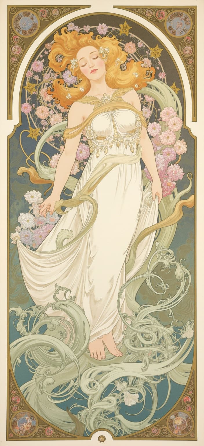 mucha, The painting centers on the majestic Pokémon Silvally, depicted with an ethereal grace that embodies both strength and mysticism. Silvally stands poised amidst a swirling landscape of harmonious, flowing, organic lines that guide the eye throughout the composition. Its body, a masterpiece of evolutionary design, is intricately detailed with decorative patterns that echo the work of Mucha—delicate, yet powerful, as it accentuates Silvally's mythical nature.
Silvally is surrounded by a lush tapestry of natural motifs—vines twist and weave around its form, while a symphony of blooming flowers, in pastel hues of soft pinks, lavenders, and verdant greens, cascade around its feet. Above, celestial elements—glimmering stars and crescent moons—dot the sky, casting a dreamlike glow over the scene. The background is a highly stylized panorama, a romantic vista where sky and earth meld into one harmonious continuum.
Every detail is enriched with a gentle palette of delicate colors, enhancing the composition’s ornamental quality. Geometric patterns subtly underpin the floral richness, adding a layer of complexity and refinement to the piece. The entire scene is enclosed within an elaborate ornamental frame. Its sweeping curves, reminiscent of grand Gothic windows, are adorned with further floral and celestial designs, creating a sense of unity and cohesion.
This intricate border serves as both an aesthetic boundary and an invitation into a realm where nature, mythology, and emotion are seamlessly connected. The final composition, suitable for digital wallpaper, is not just a representation of Silvally, but a gateway into a world of poetic harmony, making for a captivating and timeless piece of art.