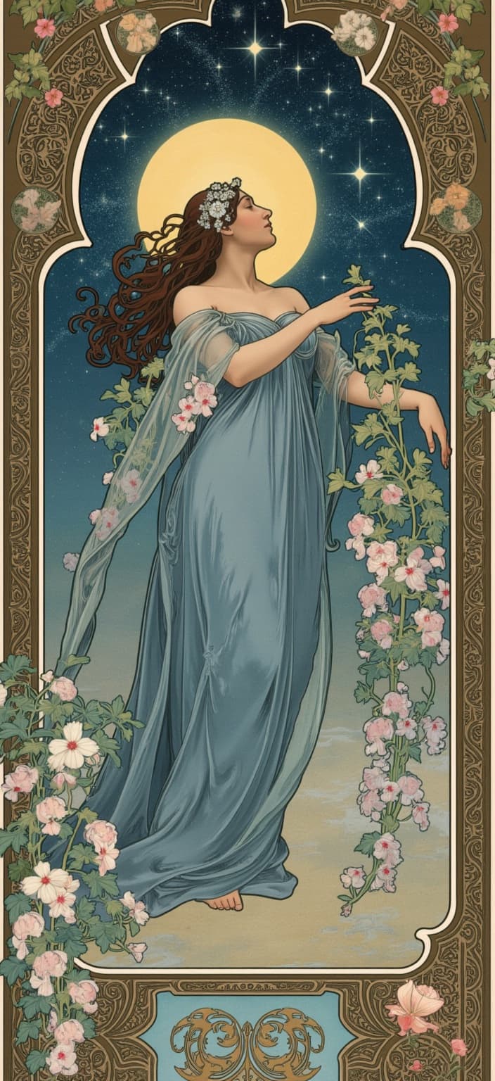 mucha, The image is an enchanting digital wallpaper that captures the essence of a mystical spring night, inspired by the Alphonse Mucha style. At its heart, a mysterious figure is draped in robes of deep blue and shimmering silver, their presence both ethereal and enigmatic. They stand beneath a vast sky, alive with the brilliance of countless stars and dominated by a glowing crescent moon, casting a soft, luminescent glow over the scene.
Surrounding the figure, wisteria and night-blooming jasmine weave gracefully, their delicate blossoms exuding an intoxicating fragrance that seems almost palpable. These natural elements intertwine with the setting, echoing the intricate, flowing motifs of Art Nouveau in their elegant complexity.
The painting is rendered with flowing, organic lines, and the background is a tapestry of intricate decorative patterns. It features a harmonious blend of floral and celestial motifs, drawing inspiration from the dreamlike and romantic aesthetic of Mucha's work. Delicate colors are employed to create a soft, yet vibrant palette that complements the exuberant floral motifs.
Sinuous vines and blooming flowers emerge throughout the composition, intertwined with subtle geometric patterns that add a refined, ornamental quality. Each element is meticulously crafted to create a cohesive visual experience that merges fine art with design.
The entire scene is enclosed within an elaborate ornamental frame, reminiscent of a grand Gothic window. This frame, with its sweeping curves and detailed embellishments, is adorned with organic patterns, flowers, and celestial symbols. It serves as a visual gateway into this dreamlike realm where nature and human emotion seamlessly intertwine in poetic harmony.
This digital wallpaper, designed with precision and elegance, offers a crisp, clean look that would adorn any digital device beautifully, transforming ordinary screens into portals to a world of mysticism and beauty.
