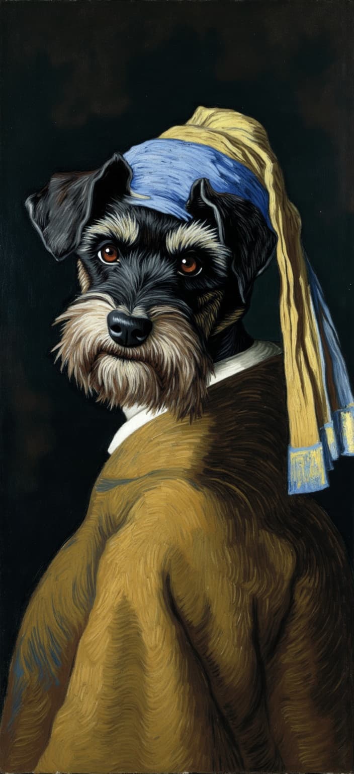 van_gogh, Create a captivating digital wallpaper featuring a Schnauzer dog portrayed in the style of Vermeer’s ‘Girl with a Pearl Earring’. The painting combines the elegance of Dutch Baroque with the dynamic flair of expressive brushwork, resulting in a piece that is both timeless and contemporary. The Schnauzer, with its iconic fluffy black and white beard, exudes an air of nobility and grace. Its soulful eyes, rendered with delicate attention to detail, draw the viewer into a realm of whimsy and charm.
The dog is positioned in a classic three-quarter pose, its posture echoing the poise of a historical muse. It is adorned in a rich brown-gold cloak, which cascades over its form with a sense of luxurious texture. A blue and cream headscarf, draped elegantly over its head, adds a touch of softness, contrasting beautifully with the Schnauzer’s textured coat.
The background of the image is dark and moody, inspired by the chiaroscuro technique, which highlights the dog’s expressive face. Soft lighting envelops the scene, casting gentle shadows that add depth and intimacy. This nuanced play of light and shadow mimics the techniques of Vermeer, while also integrating the vibrant and dynamic qualities of expressive artwork.
Employing bold, impasto layers of paint, the artist creates a thick texture that lends a tactile quality to the piece. Vivid, rich colors—particularly contrasting tones of blue and orange—are applied to heighten the visual impact and intensity of the composition. Energetic, swirling brushstrokes bring a rhythmic and pulsating quality to the wallpaper, making it feel alive and full of motion.
Overall, this digital wallpaper stands as a testament to raw emotion and artistic urgency, appealing to a wide audience with its universal charm and personal appeal. It is designed to be the perfect centerpiece, bringing elegance and a touch of whimsy to any digital display.