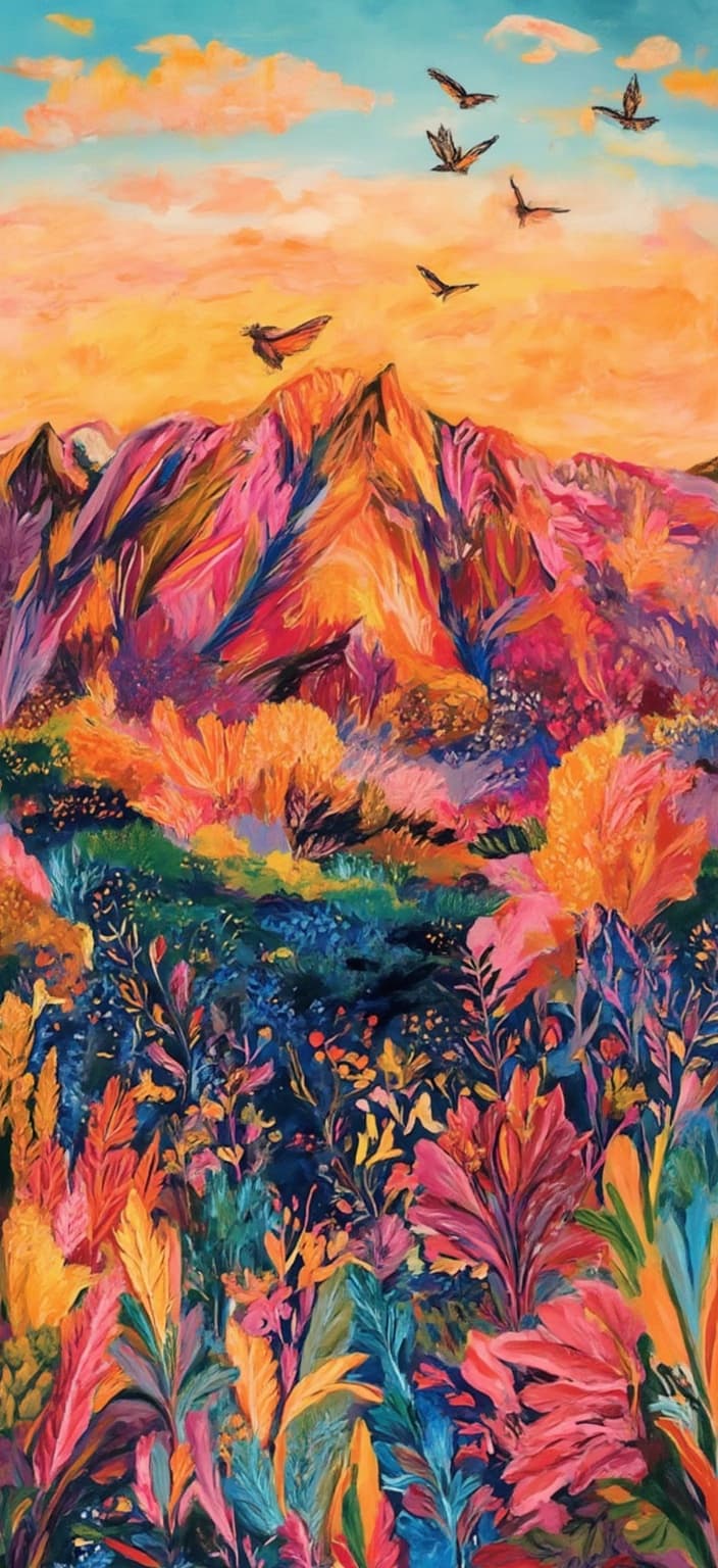 colorful_illustration, Imagine a mountain landscape coming to life with a vibrant and colorful illustration, embodying a playful, dynamic, and hand-drawn feel. The scene is a harmonious blend of nature and art, designed to transform into a stunning digital wallpaper. Towering mountains rise against a radiant sky, their peaks kissed by the sun, casting warm hues that transition from soft pastels to bold, vivid colors.
In the foreground, a tapestry of organic shapes unfolds, featuring an array of leaves and floral elements arranged with effortless elegance. This natural symphony is interspersed with whimsical decorative elements—delicate dots, swirling lines, and abstract motifs—that dance across the canvas, adding layers of depth and movement.
Drawing inspiration from the lavish, decorative style, the composition intricately weaves bold organic shapes with delicate details, reminiscent of Scandinavian folk art and mid-century botanical prints. The lavish layering of colors and patterns introduces a sense of luxury and vibrancy, inviting the eye to explore the scene's every corner.
The radial floral patterns and scattered ornamental accents exude a natural, free-flowing quality, creating a lush tapestry where each element sings in harmony. This painting, centered for a crisp, clean look, is a testament to nature's beauty and an ideal focal point for a digital wallpaper that energizes any space with its dynamic and vivid essence.