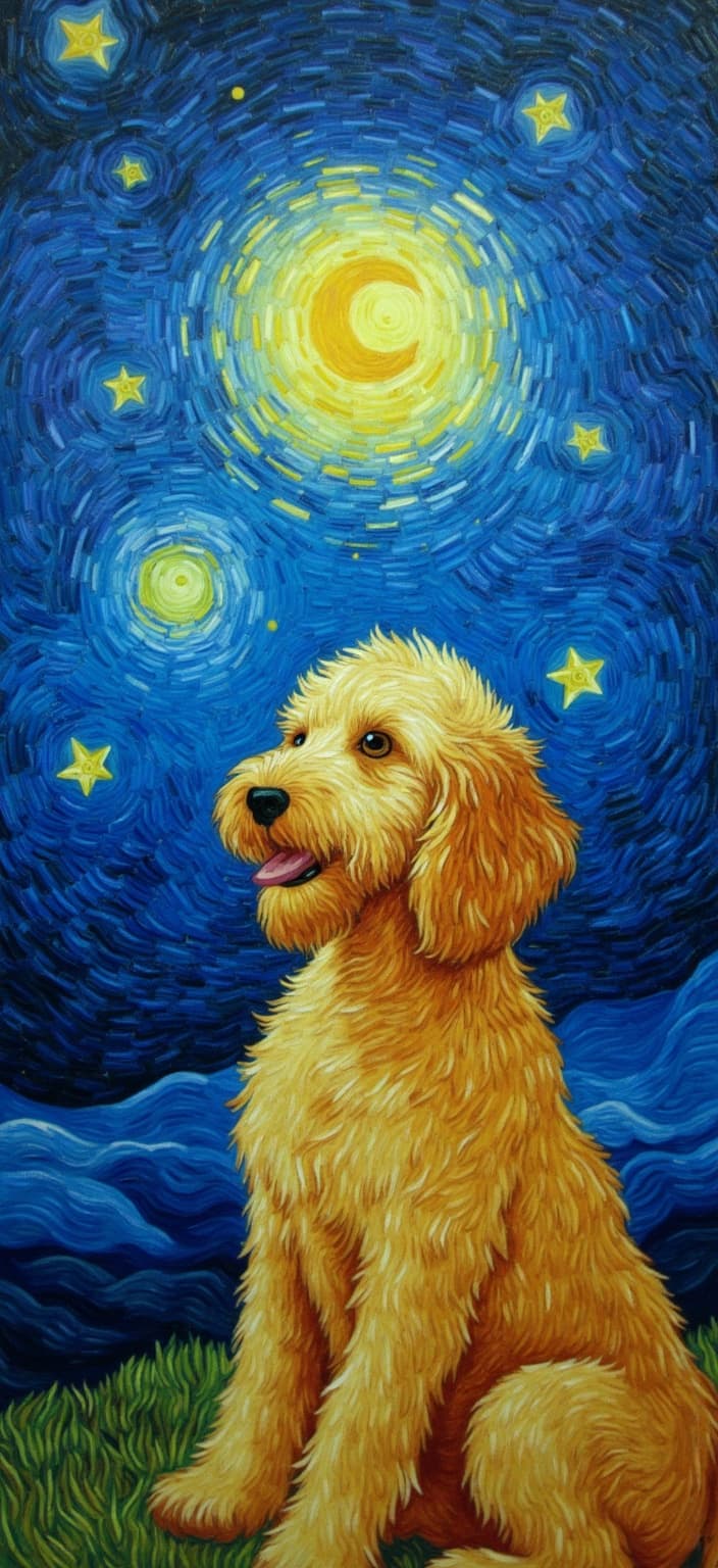 van_gogh, Enriched prompt:
A captivating painting features a small golden doodle intently gazing at the starry night, each star twinkling vividly in the expansive sky. The night scene is infused with intense color and dynamic brushwork, drawing inspiration from the vibrant style of Van Gogh. The sky is a swirling symphony of deep blues and radiant yellows, with stars painted in thick, impasto strokes that create a sense of movement and emotional depth. The golden doodle, with its curly fur shimmering in soft moonlight, stands out amidst the bold complementary contrasts of blue and orange. Its fur is rendered with loose, energetic brushstrokes, echoing the swirling patterns in the sky, and enhancing the pulsating quality of the scene. The composition is centered, creating a crisp, clean look perfect for a digital wallpaper, inviting viewers into a world of intense emotion and universal beauty, where the boundary between earth and cosmos blurs in a dance of color and light.
