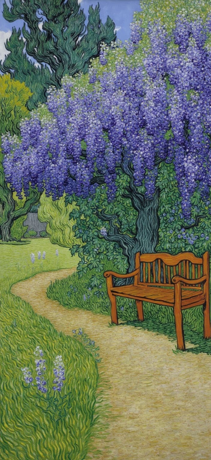 van_gogh, In a serene garden setting, a tranquil scene unfolds with a charming garden bench situated beneath a cascading curtain of blossoming wisteria. The delicate lavender and violet blooms drape gracefully, creating a natural canopy that filters the sunlight into a gentle, dappled glow. The ambiance is serene and timeless, capturing the essence of a vintage Japanese garden.
Painted in a style inspired by intense color and dynamic brushwork, this artwork bursts with vivid, rich colors applied in luscious, impasto layers. The wisteria's vibrant hues of purple contrast boldly against the surrounding lush greenery, drawing the eye with dramatic intensity. The background is alive with complementary colors, featuring a dance of deep blues and warm oranges that highlight the natural beauty and tranquility of the scene.
The brushstrokes are loose and energetic, swirling in rhythmic, flame-like patterns that imbue the painting with a sense of movement and life. These vigorous, linear patterns add a pulsating quality, as if the breeze itself is woven into the canvas. This dynamic touch gives the scene an emotional depth, inviting the viewer to feel the quiet urgency of nature’s fleeting beauty.
As a digital wallpaper, the image is impeccably centered, ensuring a crisp, clean look that perfectly adorns any screen. This artwork is not just a window into a peaceful garden but an emotional exploration, infusing the digital space with both personal and universal resonance, making it an exquisite addition to any digital collection.