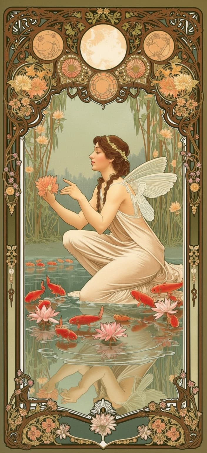 mucha, In the heart of an enchanting, dreamlike landscape, a peaceful fairy kneels gracefully beside a lily pond. Her delicate fingers gently touch the shimmering water, causing ripples that dance across the pond’s serene surface. Surrounding her are vibrant koi fish, their scales reflecting a kaleidoscope of colors, and exquisite lotus blossoms, their petals unfurling in serene, soft hues. The fairy’s reflection forms an intricate Art Nouveau pattern on the water, echoing the harmony and elegance of her ethereal presence.
The scene is painted in a style rich with flowing, organic lines and intricate decorative patterns. The harmonious blend of natural motifs such as flowers, vines, and celestial elements sets a romantic and whimsical atmosphere. Highly stylized backgrounds, inspired by the works of Alphonse Mucha, enhance the composition with a blend of delicate colors and exuberant floral motifs. Sinuous vines intertwine with blooming flowers, and subtle geometric patterns add a refined, ornamental quality to the artwork.
Encircling the entire scene is an elaborate ornamental frame, akin to a grand Gothic window. This intricate border, adorned with organic patterns, flowers, and celestial symbols, serves as both a visual unifier and a gateway into this dreamlike realm. The sweeping curves and detailed embellishments create a poetic harmony where nature and human emotion are perfectly intertwined. This captivating composition is centered to ensure a crisp, clean look, ideal for printing as a digital wallpaper, transforming any space into a portal to an enchanting fairy-tale world.