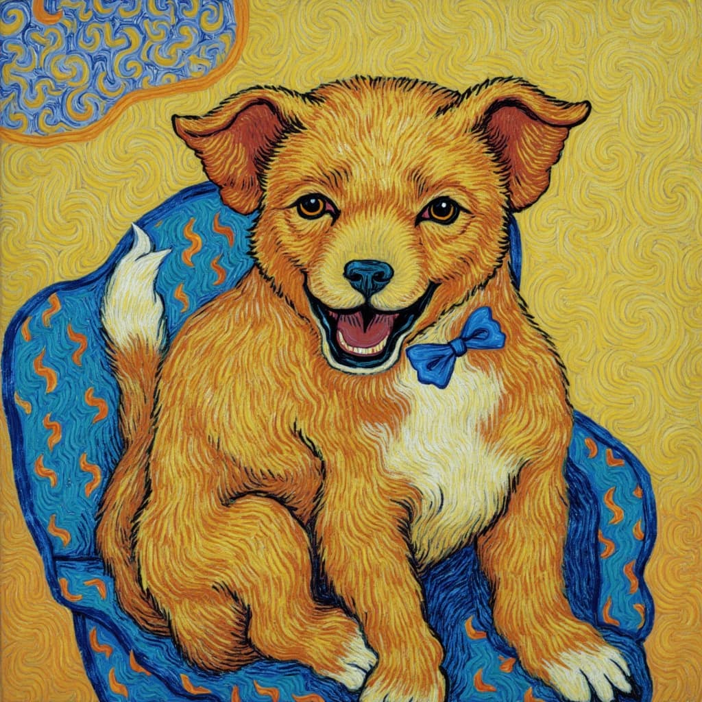 van_gogh, **Enriched Prompt:**
Imagine a vibrant and lively painting centered around a joyful and exuberant dog, brimming with happiness and energy. The scene is brought to life with intense colors and dynamic brushwork, reminiscent of the bold, expressive compositions typically found in post-impressionist artwork. The dog, with its playful demeanor, becomes the focal point of the piece, depicted in vivid, rich hues of orange, yellow, and blues, applied in thick, impasto layers that convey a sense of dynamism and emotional depth.
The background is a tapestry of swirling, energetic brushstrokes and curly, flame-like patterns, rendered in complementary colors such as deep blues and vibrant oranges, or bright yellows contrasted against muted purples. These bold contrasts heighten the visual impact and intensity of the piece, creating an emotionally charged atmosphere that draws the viewer in.
The dog's fur is captured with loose, energetic strokes, giving it a sense of motion and life, almost as if the vibrant colors are pulsating with the dog's happiness. The energetic lines and vigorous, linear patterns are imbued with raw emotion and a sense of urgency, making the artwork not only visually compelling but also deeply personal, resonating with universal themes of joy and companionship.
This painting is designed to be centered, ensuring a crisp, clean look that is perfectly suited for digital wallpaper, offering a dynamic and emotional piece of art that transforms any digital space into a celebration of life and vitality.